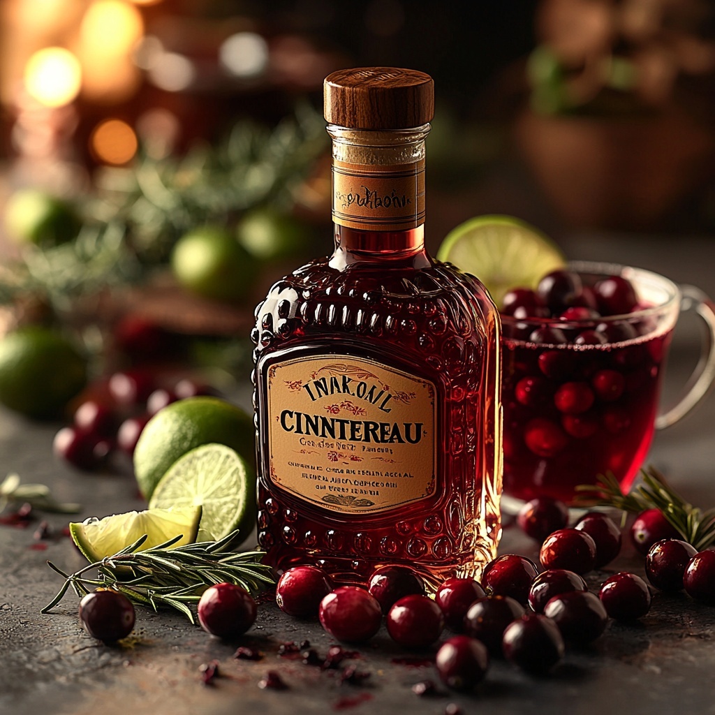 Tequila bottle with clear amber liquid, small glass measuring cup filled with bright orange Cointreau liqueur, a rustic small pitcher of deep red cranberry juice, fresh lime wedges with vibrant green peels and juicy pale green interiors, scattered fresh cranberries glossy and ruby red, several fresh rosemary sprigs with needle-like dark green leaves arranged alongside, all ingredients carefully spaced on a clean white textured surface with subtle natural light casting soft shadows, a few ice cubes subtly placed to hint at cocktail preparation, colors vibrant and contrasting with natural wood accents on the edges for warmth, crisp and fresh styling emphasizing textures of liquid, fruit, and herbs, overhead shot, top down view, flat lay photography, professional food styling --ar 1:1 --q 2 --s 750 --v 6.1