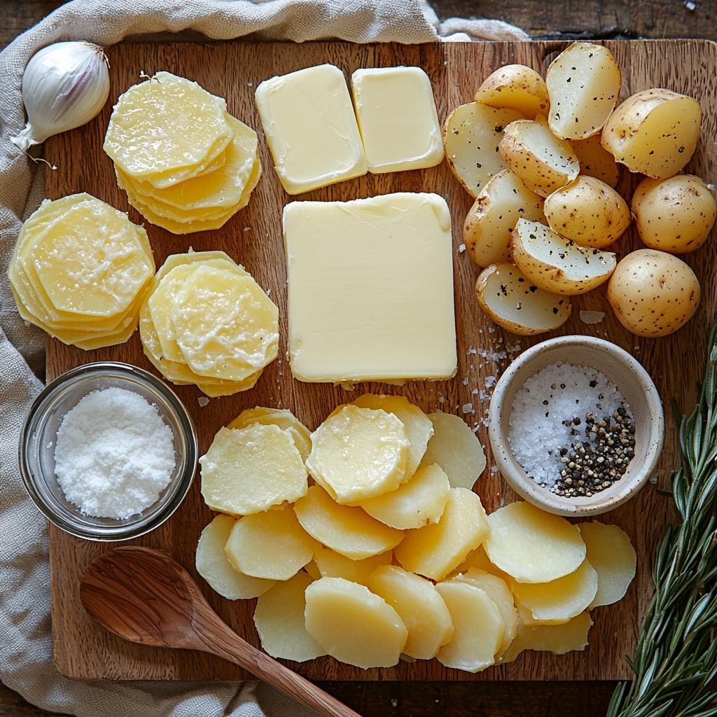 /Imagine a clean, light wooden surface arranged with the main ingredients for scalloped potatoes: a small square of salted butter with a glossy, creamy texture; a large yellow onion diced into small, translucent cubes showing varied shades of pale yellow and white; two garlic cloves minced finely, scattered delicately nearby; a small bowl of all-purpose flour, fluffy and pure white; a glass measuring cup filled with smooth, creamy milk; a small bowl of golden chicken broth with a slight sheen; a neat pile of fine white salt and a separate small dish of coarse black peppercorns hinting at their texture; and a fan of thinly sliced Yukon gold potatoes with a vibrant yellow hue edged in pale cream, showing their smooth but slightly waxy skin. The ingredients are thoughtfully spaced for balance and visual interest, with natural light casting soft shadows to emphasize textures and colors. Minimalist styling with neutral linen napkin and rustic wooden spoon as subtle props. overhead shot, top down view, flat lay photography, professional food styling --ar 1:1 --q 2 --s 750 --v 6.1