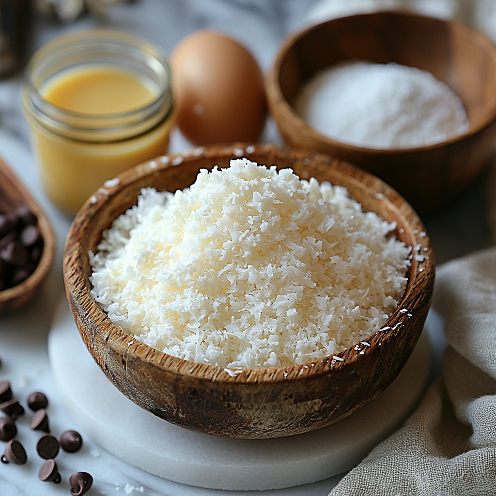 sweetened shredded coconut in a small rustic bowl with fluffy white texture, a can of sweetened condensed milk partially poured into a clear glass measuring cup showing thick glossy golden liquid, a small glass bowl with rich amber vanilla extract, a tiny ceramic dish with fine white salt crystals, two large fresh eggs cracked open with smooth white egg whites in a clear glass bowl showing glossy stiff peaks, a small wooden scoop filled with semi-sweet chocolate chips displaying dark brown glossy texture, all ingredients neatly arranged on a clean white marble surface with natural soft lighting casting gentle shadows, accented by a linen napkin folded casually nearby, emphasizing rustic simplicity and fresh textures, overhead shot, top down view, flat lay photography, professional food styling --ar 1:1 --q 2 --s 750 --v 6.1