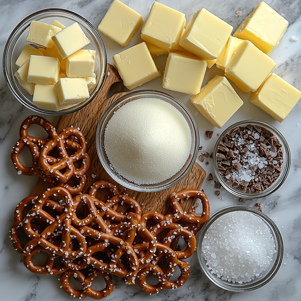 granulated sugar in a small glass bowl showing fine white crystals, a few scattered sugar granules on a clean white surface; softened salted butter cut into smooth golden cubes on a small wooden board; a small clear glass measuring cup with creamy, pale heavy cream at room temperature; a rustic pile of large salted pretzels with glossy brown twists and visible coarse salt crystals; a shallow white dish filled with melted milk semi-sweet chocolate, rich and glossy with smooth texture; a small ceramic bowl containing flaky sea salt with irregular, bright white flakes; all ingredients carefully spaced and balanced on a clean bright white surface, natural soft daylight highlighting textures and colors, subtle shadows adding depth, minimal props for a clean, modern look, slight overhead angle emphasizing shapes and textures, overhead shot, top down view, flat lay photography, professional food styling --ar 1:1 --q 2 --s 750 --v 6.1