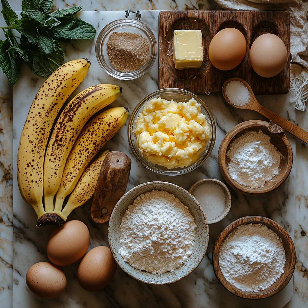A clean white marble surface with all main banana bread ingredients carefully arranged in a visually appealing flat lay: a small bunch of ripe yellow bananas with brown spots, a glass bowl filled with creamy mashed bananas, a neat pile of white all-purpose flour dusted lightly around, a small ceramic bowl with light brown sugar next to a wooden spoon holding granulated white sugar, a vintage butter dish with a pat of soft yellow unsalted butter, two fresh brown eggs resting on a linen napkin, a small glass jar of golden vanilla extract, a tiny bowl with fine cinnamon powder, another bowl containing white baking soda, and a small heap of coarse salt crystals. Natural soft daylight illuminates the scene, enhancing the warm golden and creamy tones, with subtle shadows for depth. Texture contrasts between smooth bananas, powdery flour, and granular sugars are visible. Minimalist styling with light rustic touches, some scattered flour and cinnamon powder for authenticity, a neutral linen cloth partially in frame, and a delicate sprig of fresh mint for a pop of green. overhead shot, top down view, flat lay photography, professional food styling --ar 1:1 --q 2 --s 750 --v 6.1
