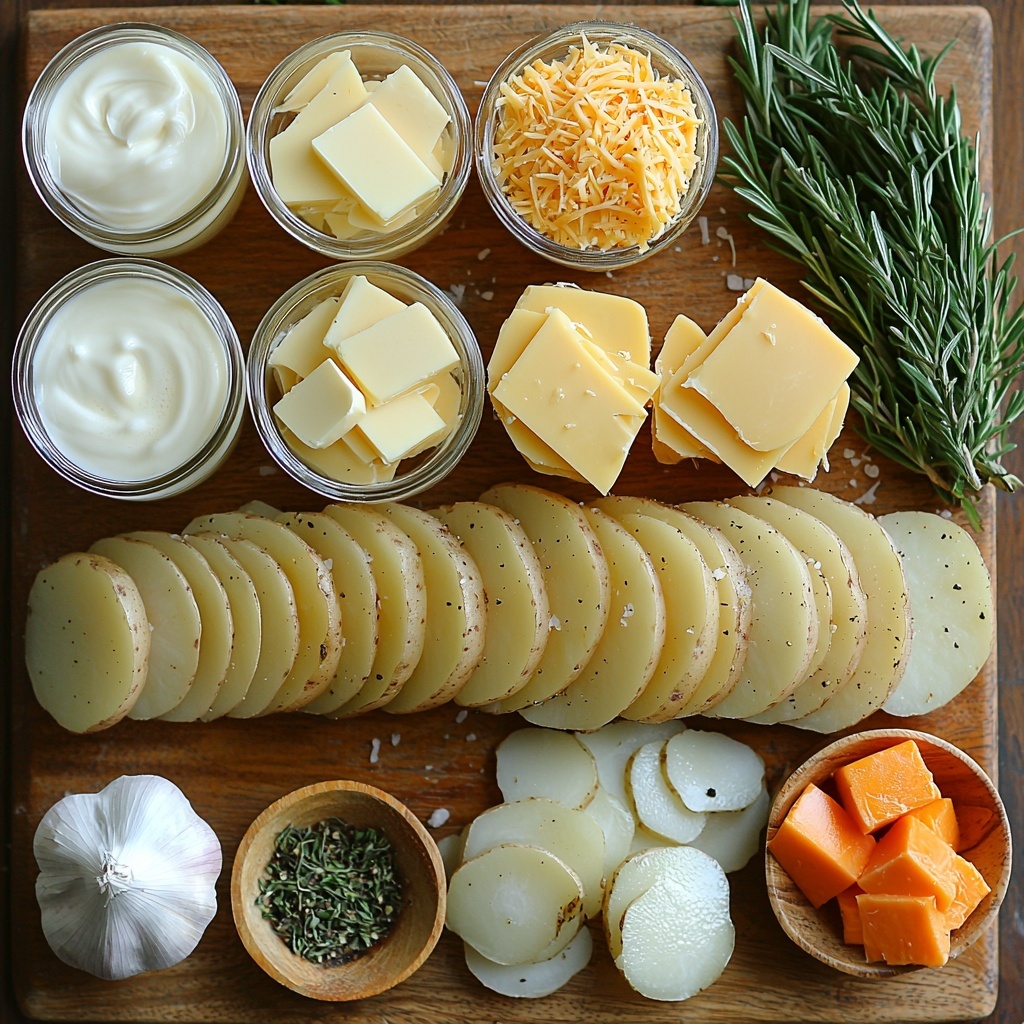 4-5 medium russet and Yukon Gold potatoes, peeled and thinly sliced in neat stacks, whole and halved potatoes showing rough textured skins and smooth creamy interiors; 2 cups heavy cream in a small clear glass jug with slight condensation; 2 cups shredded sharp cheddar cheese in a rustic ceramic bowl, bright orange-yellow color; 1 medium onion sliced into thin rings, white and purple layers visible; 2 cloves fresh garlic, whole and minced on a wooden board; 2 tablespoons golden butter cubes softly melting; small piles of coarse salt and cracked black pepper in white ceramic spoons; fresh thyme and rosemary sprigs with vibrant green leaves scattered delicately around; all ingredients arranged organically yet balanced on a clean white matte surface with natural daylight casting soft shadows; minimal props for a modern, cozy kitchen feel, emphasizing textures like the rustic potato skin, creamy cheese strands, and fresh herb leaves; overhead shot, top down view, flat lay photography, professional food styling --ar 1:1 --q 2 --s 750 --v 6.1