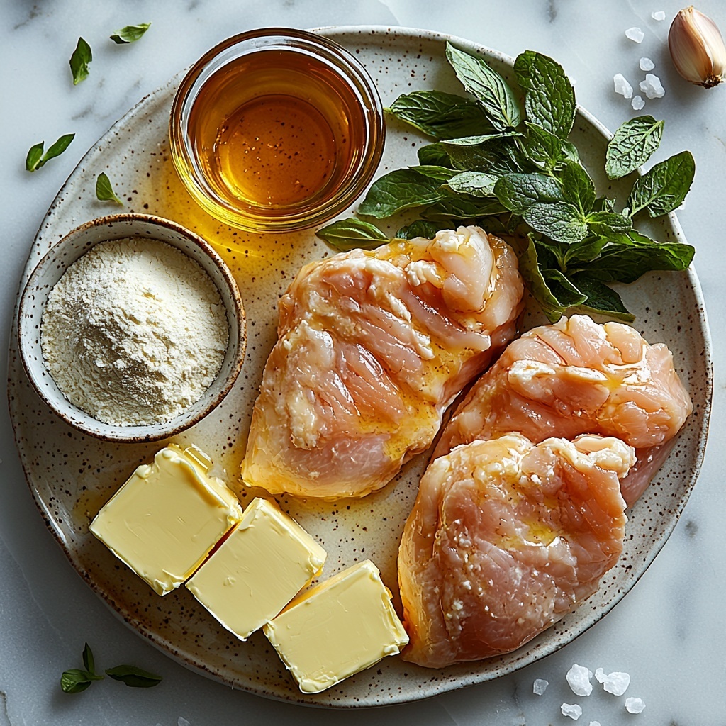 Chicken breasts (boneless, skinless, two pieces) cut in halves arranged neatly, small piles of fine flour in a shallow white ceramic dish, golden unsalted butter blocks and a smooth olive oil bottle nearby, two garlic cloves partially peeled with minced garlic in a small glass bowl, a small glass bowl of rich amber honey, another small bowl with light golden apple cider vinegar, a small dish of dark glossy soy sauce, coarse salt and cracked black pepper sprinkled subtly on the surface for texture, all ingredients placed on a clean, matte white marble countertop, soft natural lighting highlighting the warm colors and smooth textures, delicate shadows for depth, minimalistic and tidy composition with a touch of rustic charm, fresh green herb sprigs casually placed to add contrast and freshness, overhead shot, top down view, flat lay photography, professional food styling --ar 1:1 --q 2 --s 750 --v 6.1