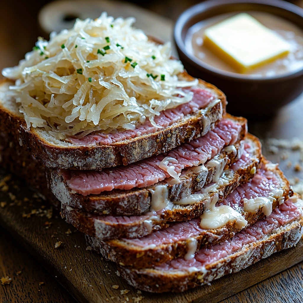 rye bread slices with a golden-buttered surface, thinly layered corned beef piled neatly, smooth slices of Swiss cheese with pale ivory color, a small mound of shredded sauerkraut with light translucent strands, a small bowl of creamy Russian or Thousand Island dressing with a soft pink hue, a pat of rich yellow butter, all arranged artfully on a clean, light wooden surface with natural warm tones, scattered rye crumbs for texture, soft natural lighting highlighting the varying textures and colors, balanced composition creating visual harmony, fresh and inviting atmosphere, overhead shot, top down view, flat lay photography, professional food styling --ar 1:1 --q 2 --s 750 --v 6.1