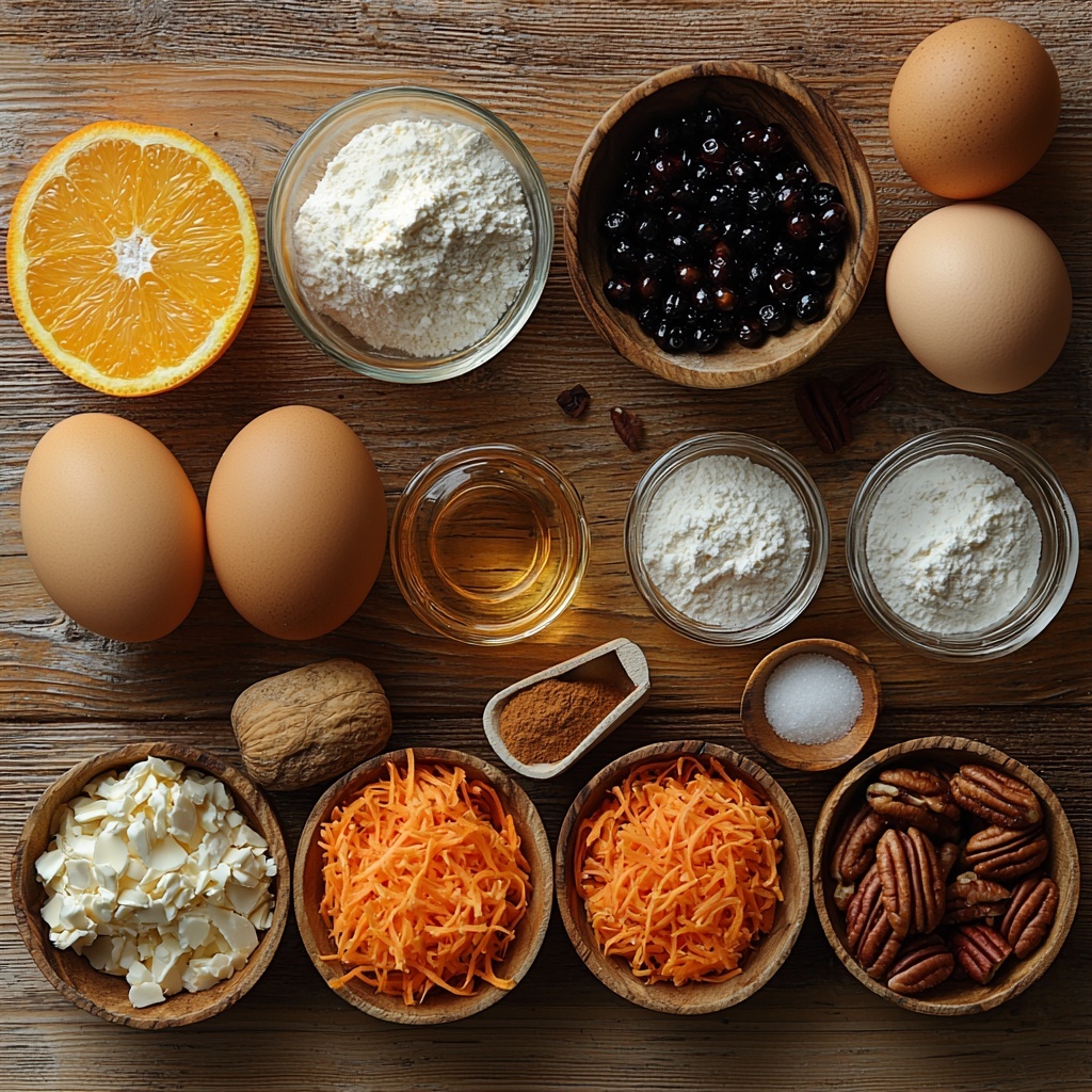 Orange oil in a clear glass measuring cup, golden and glossy; light brown sugar and granulated sugar in small rustic ceramic bowls, their grains slightly spilled for texture; four large brown eggs arranged in a neat row with smooth shells; all-purpose flour in a small wooden bowl with a dusting of flour around it; small heap of baking soda, baking powder, salt, and cinnamon each delicately spooned onto parchment paper, showing fine, powdery textures; a mound of bright orange shredded carrots with visible moist strands; fresh orange with vibrant zest scattered nearby; small glass bowls containing translucent orange extract and vanilla extract; a small bowl of dark, plump currants; chopped toasted pecans in a wooden scoop with extra pieces scattered for visual interest; a block of cream cheese on parchment paper, smooth and creamy; softened butter shaped roughly like a lump on white wax paper; fine piles of powdered sugar with a subtle sparkle; all items carefully spaced on a clean, light wooden surface with natural soft daylight casting gentle shadows, enhanced by minimal linen napkins and wooden spoons for rustic elegance, pops of orange and warm neutrals highlighting freshness and autumn tones, overhead shot, top down view, flat lay photography, professional food styling --ar 1:1 --q 2 --s 750 --v 6.1