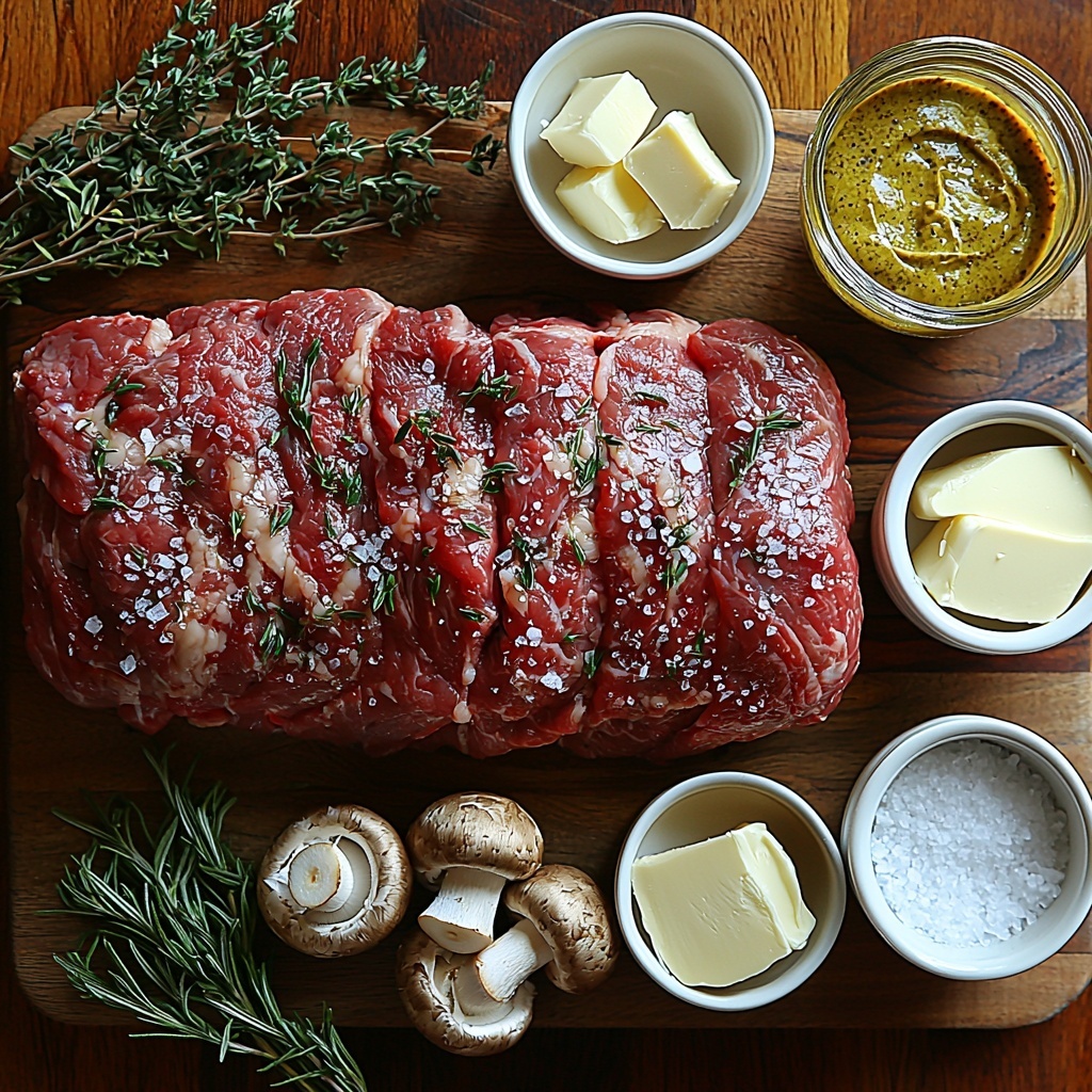 beef tenderloin roast, raw trimmed and tied, rich deep red color with marbling, 8 ounces baby bella mushrooms thinly sliced showing earthy brown tones and smooth texture, 1 medium onion finely chopped white and purple layers, 8 cloves garlic finely chopped bright creamy white, fresh green rosemary and thyme sprigs scattered, small bowls with golden olive oil and creamy white unsalted butter, white ceramic dish with dijon mustard in vibrant yellow, glass measuring cup partially filled with heavy cream, coarse kosher salt crystals scattered artfully, all ingredients arranged neatly on a clean light wooden surface with soft natural lighting highlighting textures and colors, slight shadows for dimension, minimal rustic props like a wooden spoon and small linen napkin, overhead shot, top down view, flat lay photography, professional food styling --ar 1:1 --q 2 --s 750 --v 6.1