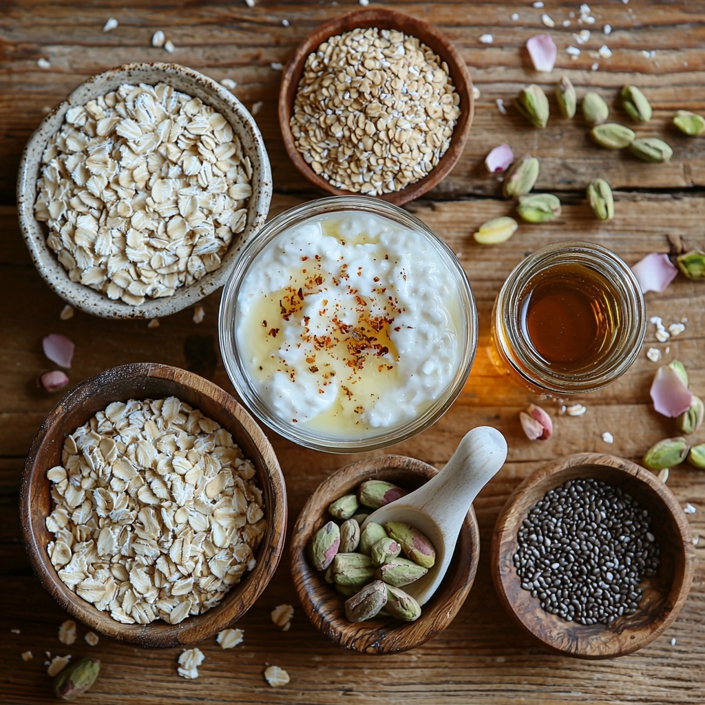 A clean, light wooden surface neatly arranged with all the main ingredients for Indian-style overnight oats: a small clear glass bowl of golden rolled oats, a white ceramic jug of creamy milk, a small bowl of thick plain yogurt with a smooth texture, a tiny glass bowl of dark chia seeds, a small amber glass jar of rich maple syrup, a delicate white porcelain spoon holding vibrant orange-yellow saffron threads, a separate tiny dish with finely ground pale green cardamom powder, a small glass vial partially filled with clear rose water, and a rustic wooden bowl overflowing with chopped green pistachios. Soft natural light highlights the contrasting textures—the creamy yogurt’s smoothness, the rough oats, the glossy syrup, the delicate saffron threads, and the crunchy pistachios. The ingredients are artfully spaced with slight overlapping to create visual flow, shadows adding depth, styled with subtle scattered pistachios and a few saffron strands placed decoratively nearby. The overall palette blends warm golden tones with fresh greens and creamy whites for a cozy, inviting look. Overhead shot, top down view, flat lay photography, professional food styling --ar 1:1 --q 2 --s 750 --v 6.1