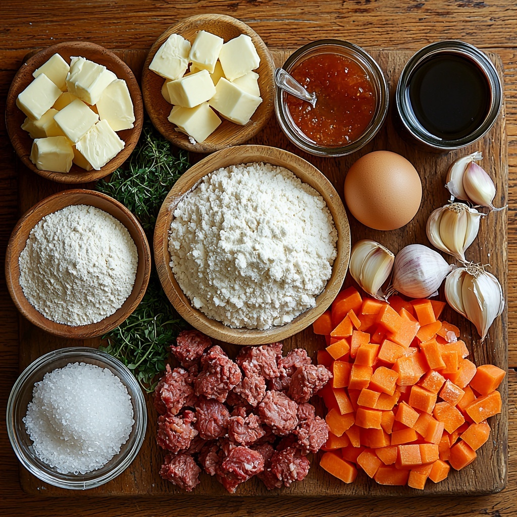 /Imagine prompt: A clean, light wooden surface showcasing the main ingredients for a classic meat pie, arranged neatly for a flat lay. On one side, a small heap of all-purpose flour with a wooden scoop dusting some loose flour nearby, next to a glass bowl filled with cold cubed butter, creamy pale yellow contrasting with the white flour. Beside it, a small bowl of coarse salt with a teaspoon resting on the edge. A clear glass of cold water with droplets on the outside adds freshness. Centered, a plate of raw ground beef, deep red and textured, next to a wooden bowl containing finely chopped white onion and a small pile of minced garlic cloves, their off-white color softening the scene. A small mound of grated orange carrot adds a pop of color. Nearby, a small dish of rich, glossy red tomato paste, beside a transparent cup of brown beef broth reflecting light softly. A small jar of dark Worcestershire sauce glistens in the light, alongside a pinch bowl of dried thyme with its muted green hue. A rustic salt and pepper shaker set lies casually to the side. Lastly, a ceramic bowl with a bright golden beaten egg completes the arrangement. Each element spaced with care for visual balance, natural lighting highlighting the varied textures—powdery, smooth, moist, and chunky—with subtle shadows adding depth. Styled with minimal props for a fresh, appetizing look. Overhead shot, top down view, flat lay photography, professional food styling --ar 1:1 --q 2 --s 750 --v 6.1