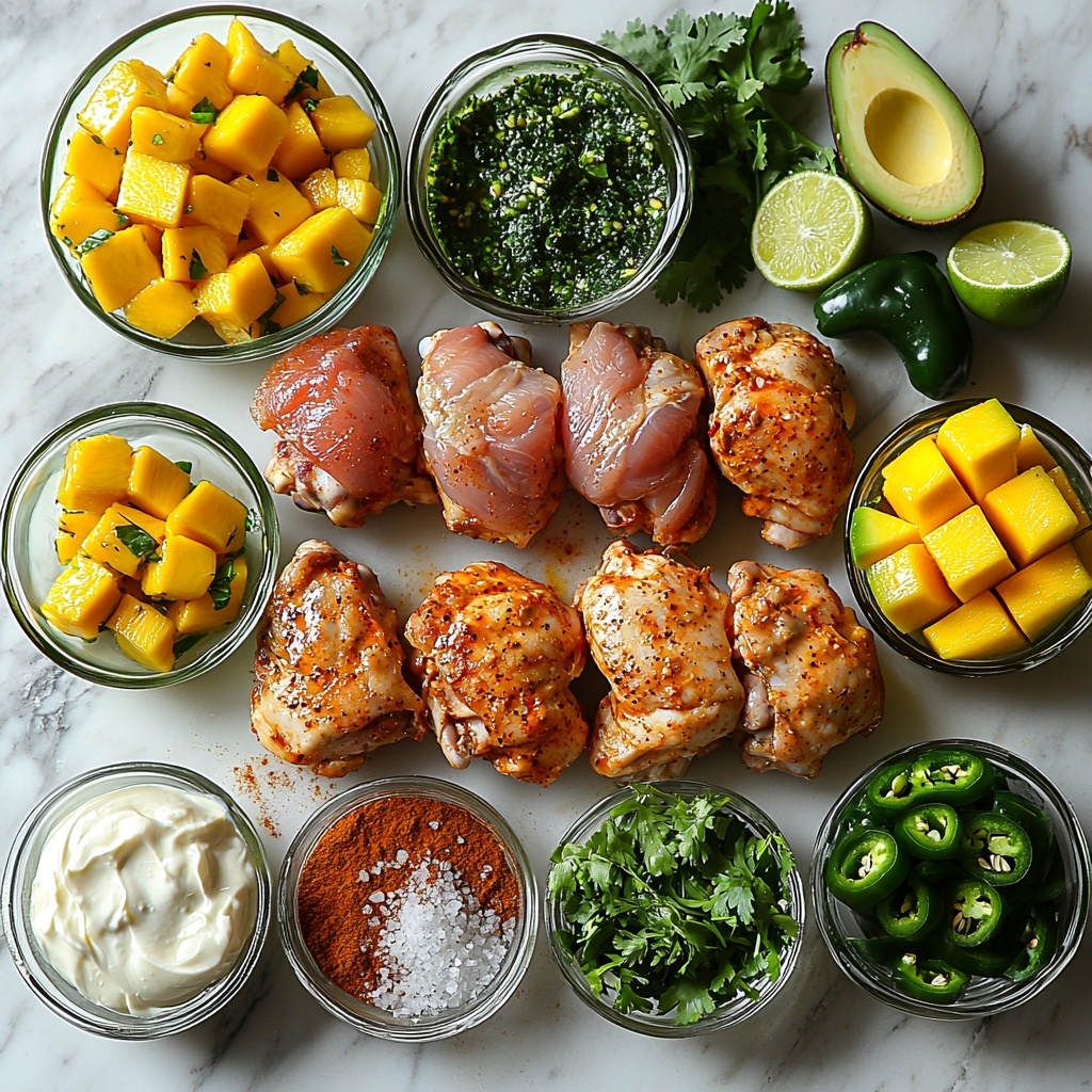 Peruvian Chicken with Creamy Green Sauce ingredients flat lay: a clean white marble surface with raw chicken thighs and breasts arranged in the center, surrounded by small bowls of olive oil or melted butter with a golden sheen, whole garlic cloves clustered naturally, bright green jalapeños both whole and chopped, vibrant yellow-orange smoked paprika and warm brown ground cumin in small ceramic spoons, scattered coarse salt and black peppercorns, fresh chopped cilantro and parsley leaves with rich green hues placed loosely around, a ripe mango diced with bright golden-orange chunks, a creamy avocado with smooth pale green flesh in cubes, creamy white mayo and Greek yogurt in clear glass bowls, fresh cilantro and parsley sprigs with vivid leaves, fresh lime halves with a glistening juicy texture, and a small dish of deep amber toasted sesame oil. The ingredients have a harmonious color contrast of greens, yellows, oranges, and earth tones, arranged artfully with natural light highlighting the textures—the roughness of the chicken skin, the glossy smoothness of oil, and the fresh leafy herbs. Overhead shot, top down view, flat lay photography, professional food styling --ar 1:1 --q 2 --s 750 --v 6.1