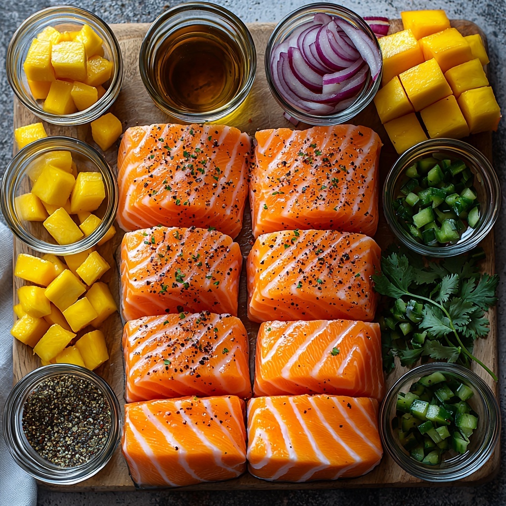 4 skinless salmon filets with smooth pink flesh, small glass bowls of smoked paprika, garlic powder, onion powder, dried oregano, dried thyme, black pepper, cayenne pepper showcasing vibrant red, beige, greenish and dark specks; small pouring glass bottles of olive oil, lime juice, orange juice, reduced sodium soy sauce arranged neatly; fresh vibrant mango cubes bright yellow-orange, chopped pineapple in golden tones, diced ripe avocado creamy pale green, minced red bell pepper deep crimson, diced red onion light purple, chopped cilantro rich green leaves, diced jalapeno in dark green, all placed on a clean white or light wooden surface; ingredients grouped by type with contrasting textures visible — smooth salmon fillets, granular spices, juicy fruits, fresh herbs; natural soft lighting highlighting freshness and vivid colors, minimal shadows, subtle linen napkin and rustic wooden spoon props nearby to enhance warmth and natural feel; overhead shot, top down view, flat lay photography, professional food styling --ar 1:1 --q 2 --s 750 --v 6.1