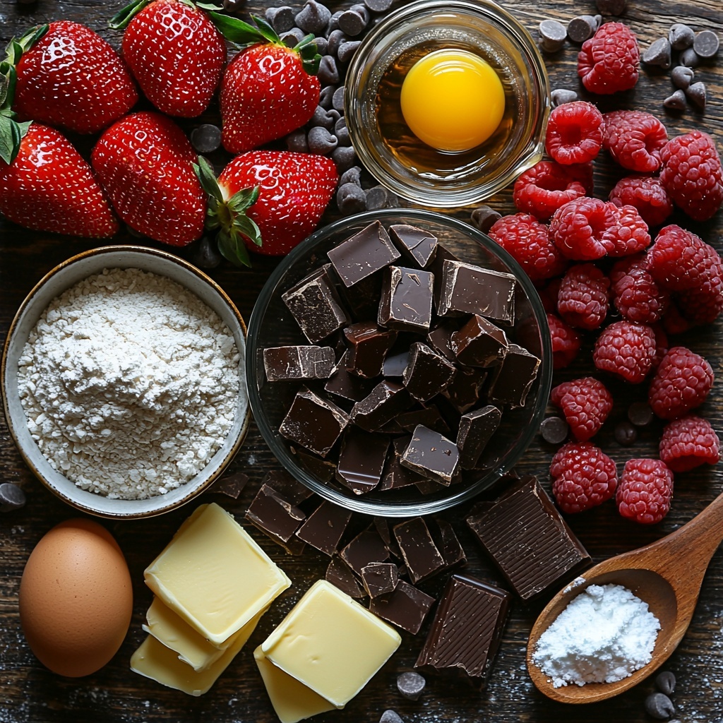 3 tablespoons unsalted butter in a small glass bowl, chunks of bittersweet chocolate and semisweet chocolate chips scattered nearby, two large eggs—one whole and one cracked open in a white ceramic bowl showing bright yellow yolk and clear egg white, a small wooden spoon filled with white granulated sugar, a tiny glass jar with amber vanilla extract, a pinch of fine salt in a delicate porcelain spoon, a small heap of light beige flour on white parchment paper, cocoa powder dusted lightly on a dark wooden surface, fresh whole strawberries and raspberries placed artfully on the side, a fine-mesh sieve dusted with powdered sugar resting casually, all ingredients arranged neatly with ample negative space on a clean white marble countertop, natural diffused light casting soft shadows, minimalistic rustic styling with warm tones emphasizing rich textures of chocolate and vibrant colors of berries, overhead shot, top down view, flat lay photography, professional food styling --ar 1:1 --q 2 --s 750 --v 6.1