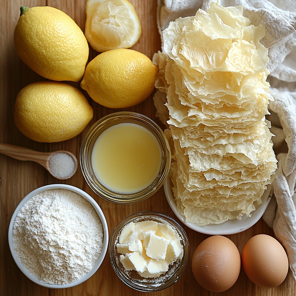 Semolina in a small white ceramic bowl, granulated texture visible; whole fresh lemon, bright yellow with a glossy peel, sliced in half showing juicy interior; four brown eggs with smooth shells arranged neatly; a glass cup filled with creamy white milk; small glass bowl of white granulated sugar; clear glass measuring cup with melted golden butter, glossy surface reflecting light; rectangular stack of delicate, thin phyllo pastry sheets, slightly translucent with fine textures; medium clear glass bowl with clear water; small glass bowl with syrup made from water, sugar, and lemon juice, light amber color; all ingredients carefully spaced and arranged on a clean, light wooden surface with natural light casting soft shadows; warm and inviting color palette emphasizing the pale yellows, creams, and natural browns; subtle linen napkin folded alongside as gentle styling detail; a small metal whisk and wooden spoon placed artfully nearby for added context; overhead shot, top down view, flat lay photography, professional food styling --ar 1:1 --q 2 --s 750 --v 6.1