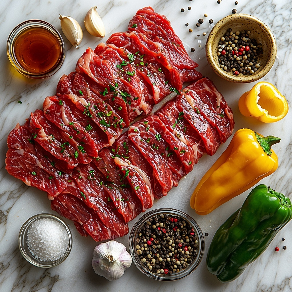 flank steak thinly sliced into strips with a rich red color and marbled texture, three vibrant bell peppers—red, green, and yellow—sliced into rings showing glossy skins and crisp interiors, a medium onion sliced into translucent crescent-shaped rings, three cloves of garlic minced finely with small white pieces, a small glass bowl of dark soy sauce, a small bowl of rich brown beef broth, a small container of Worcestershire sauce with deep amber hue, a mound of white cornstarch powder beside a small clear bowl of water, scattered black peppercorns and a pinch of crushed red pepper flakes adding specks of black and red, a drizzle of golden olive oil flowing gently on a tiny dish; all ingredients neatly arranged on a clean white textured surface with soft natural daylight highlighting the vivid colors and fresh textures, minimal shadows, warm inviting atmosphere, emphasis on contrast between raw meat, colorful vegetables, and glossy liquids, space between items to keep the composition balanced and airy — overhead shot, top down view, flat lay photography, professional food styling --ar 1:1 --q 2 --s 750 --v 6.1