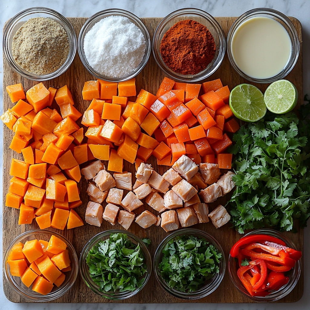 a beautiful flat lay of cooking ingredients for slow cooker chicken curry arranged neatly on a clean white surface: bright orange diced sweet potato cubes, vibrant red thinly sliced bell peppers fanned out, small rustic bowls containing warm yellow curry powder, deep red smoked paprika, earthy brown ground cumin, dark reddish-brown ground chili powder, and coarse white kosher salt; a raw boneless, skinless chicken thigh on a wooden cutting board with a sprinkling of spices on top; a small glass bowl of golden extra virgin olive oil shimmering under soft light; a can of creamy white light coconut milk with some poured into a small white bowl nearby; a clear glass bowl with a cloudy white cornstarch slurry; two fresh whole limes halved to show juicy green interiors; scattered fresh bright green cilantro leaves adding contrast; arrangement spaced for visual harmony with natural shadows and textures emphasized; minimalistic modern styling with soft natural lighting, subtle reflections on bowls, shadows to highlight freshness and vibrant colors overhead shot, top down view, flat lay photography, professional food styling --ar 1:1 --q 2 --s 750 --v 6.1
