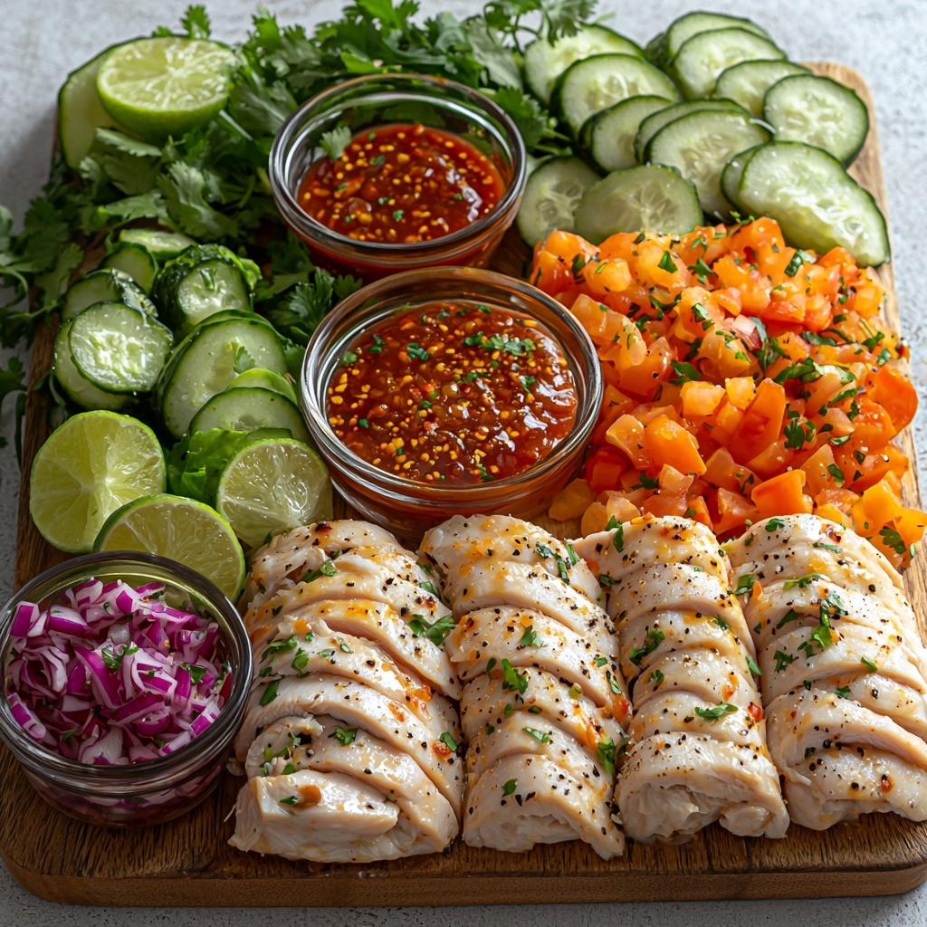 A beautifully styled flat lay of ingredients for sweet chili chicken wraps arranged neatly on a clean white surface. Featuring 2 raw boneless, skinless chicken breasts with a slight sheen, a small bowl of glossy, vibrant red sweet chili sauce, a tiny dish of dark soy sauce, a small glass container of golden olive oil, scattering of pale off-white garlic powder and light brown ground ginger in delicate piles, and a pinch of sea salt and black peppercorns. Nearby, 4 large soft flour tortillas stacked slightly offset showcasing their warm beige color and soft texture. Fresh shredded lettuce in bright green, shredded orange carrots with a crisp texture, diced cool green cucumbers with visible moisture droplets, chopped fresh cilantro leaves in a rich green hue, and a few wedge-cut limes with bright yellow-green rind and juicy interior arranged artfully. All elements spaced evenly with natural shadows, subtle highlights emphasizing fresh textures and vibrant colors, styled with minimal rustic props like a wooden spoon or linen napkin partially visible at the edges for contrast. overhead shot, top down view, flat lay photography, professional food styling --ar 1:1 --q 2 --s 750 --v 6.1