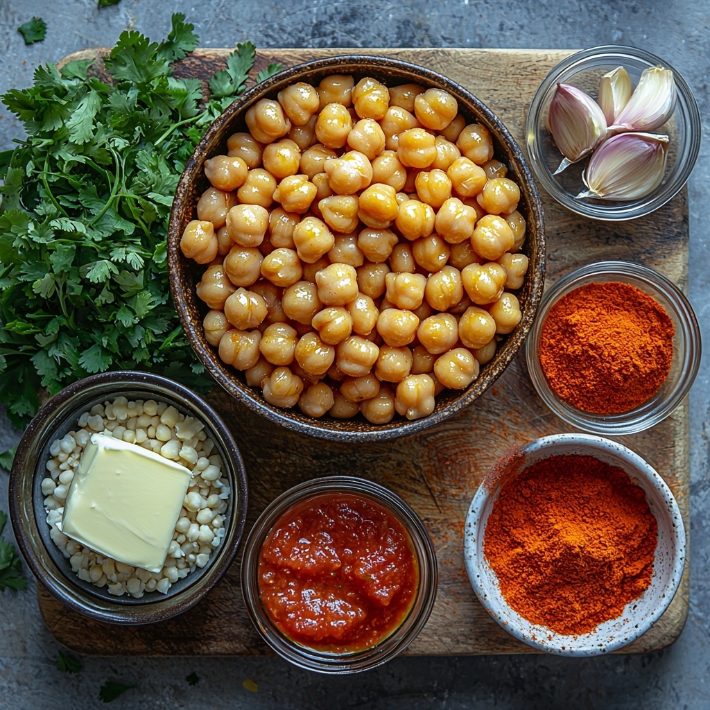 Chickpeas in a rustic small bowl, two shiny cans of chickpeas with labels visible, a small glass bowl of golden vegetable oil, a wooden spoon with toasted cumin seeds spilling gently, a finely chopped medium onion in a neat pile, two cloves of fresh garlic with some minced pieces beside them, a small heap of freshly grated ginger, a can of crushed tomatoes opened with vibrant red sauce visible, a smooth dollop of deep red tomato paste on a white ceramic dish, small bowls of ground garam masala, ground coriander, ground cumin, bright yellow turmeric powder, and deep red chili powder arranged in a semi-circle, a pinch of coarse salt scattered near the spices, a half cup glass measuring cup filled with creamy white heavy cream, two cubes of unsalted butter resting on a wooden board, fresh bright green chopped cilantro scattered artfully, all ingredients placed neatly and symmetrically on a clean matte white surface with natural soft lighting enhancing the rich colors and diverse textures, subtle shadows adding depth, clean and minimal styling with a warm, inviting seasonal feel, overhead shot, top down view, flat lay photography, professional food styling --ar 1:1 --q 2 --s 750 --v 6.1