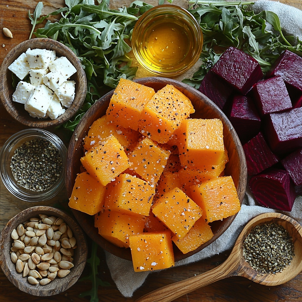 pumpkin cubes bright orange with smooth skin, peeled and cubed neatly in a small rustic bowl; deep red beetroot cubes, slightly glossy from peeling, arranged beside the pumpkin in a matching bowl; small glass bowl of golden olive oil catching light; tiny ceramic dishes with coarse salt, cracked black pepper, ground cumin, and dried thyme or rosemary, each ingredient visible and textured; a heap of vibrant mixed salad greens, a mix of arugula and spinach leaves, fresh and crisp with varied deep and light greens; crumbled creamy white feta cheese scattered on a natural linen cloth; small wooden bowl of toasted walnuts and pumpkin seeds showcasing warm brown and greenish hues; a small clear glass bowl of bright yellow lemon juice; a tiny spoonful of honey shimmering on a white ceramic spoon; all ingredients arranged thoughtfully on a clean light wood surface with natural daylight casting soft shadows, styled with minimal rustic elements like a linen napkin and wooden utensils, emphasizing natural textures and fresh colors overhead shot, top down view, flat lay photography, professional food styling --ar 1:1 --q 2 --s 750 --v 6.1