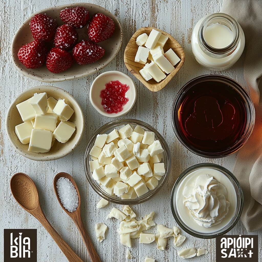 Strawberries syrup in a small clear glass bowl with a glossy, deep red hue; nearby a neat pile of chopped white chocolate pieces and white chocolate curls with delicate, creamy textures; a small glass jar of whole milk with a smooth, milky white surface; a tiny ceramic dish holding vanilla extract with a dark amber color; a small pinch bowl containing fine white salt crystals; a few drops of natural red or pink food coloring in a tiny glass dropper bottle; a dollop of fluffy whipped cream in a small white ramekin showcasing soft peaks. All ingredients are arranged spaced evenly on a clean, bright white surface with soft natural light, creating gentle shadows and highlighting the contrast between creamy whites and vibrant reds. Minimalist styling with small wooden spoons and a light linen napkin adding subtle texture. Overhead shot, top down view, flat lay photography, professional food styling --ar 1:1 --q 2 --s 750 --v 6.1