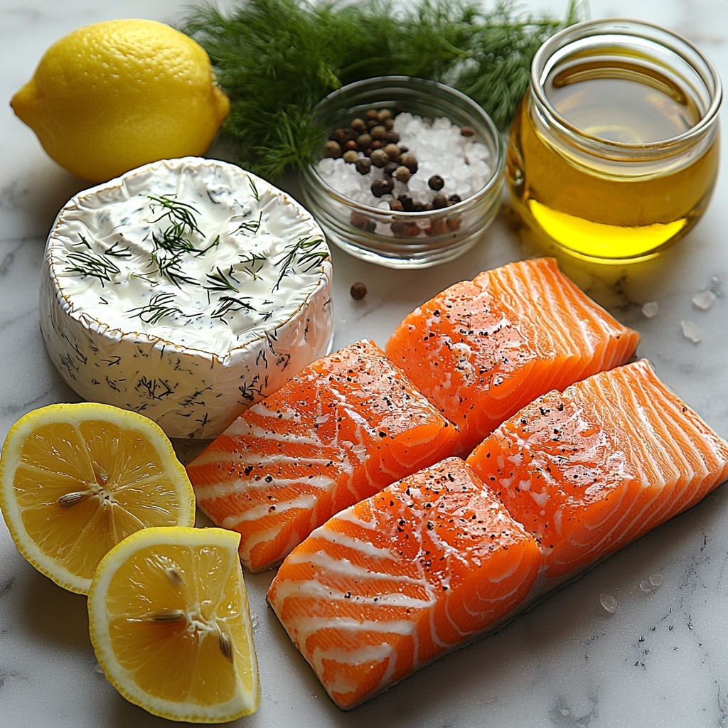 Salmon fillets with rich pink-orange flesh, creamy white Boursin cheese round package partly unwrapped showing soft herb-speckled texture, small glass bowl of golden olive oil glistening under light, fresh bright yellow lemon wedges with juicy pulp exposed, sprigs of vibrant green dill and parsley herbs, coarse salt crystals and cracked black peppercorns scattered artfully on smooth white marble surface. Ingredients neatly arranged with natural spacing, balanced composition emphasizing fresh colors and varied textures, soft natural lighting highlighting moisture on salmon and sheen on oil, gentle shadows for depth. Overhead shot, top down view, flat lay photography, professional food styling --ar 1:1 --q 2 --s 750 --v 6.1