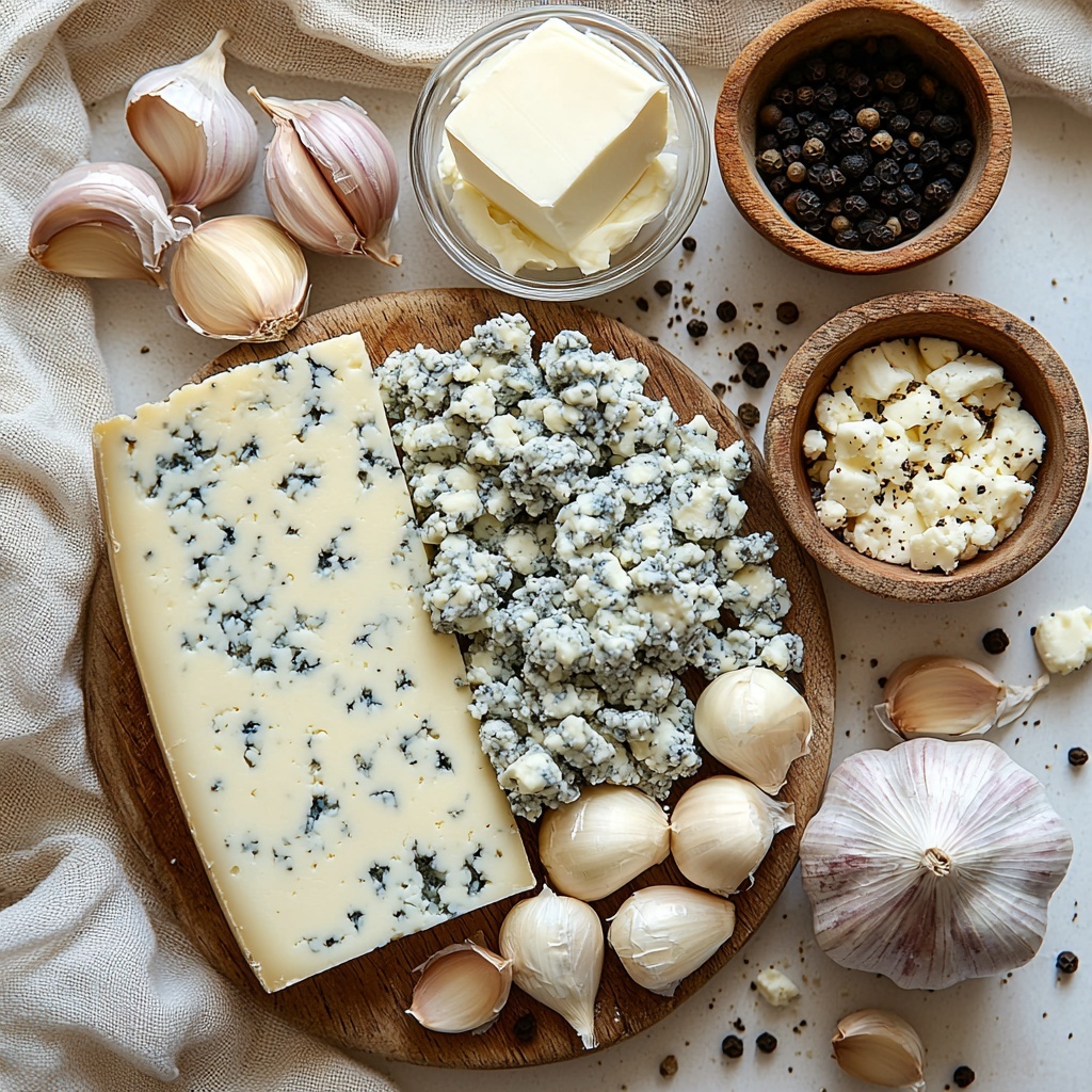a carefully arranged flat lay of ingredients for blue cheese sauce on a clean white surface: a small slab of crumbled Stilton cheese with its pale creamy blue and white marbled texture, a peeled and finely chopped banana shallot showing delicate light purple and white layers in a small rustic bowl, a peeled garlic clove next to a small heap of finely minced garlic with its smooth off-white texture, a small glass measuring cup filled with rich, thick double cream showcasing its glossy, creamy white color, a small pat of unsalted butter with a soft yellow hue resting on a tiny wooden dish, a small glass bowl containing dark brown Worcestershire sauce with a shiny surface, and a scattering of freshly ground black peppercorns in a tiny dish emphasizing deep black specks. The ingredients are neatly spaced to balance color and texture contrasts, with soft natural lighting highlighting the creamy textures and subtle color variations. Minimalist styling with a subtle linen napkin folded on one side, clean shadows, and negative space enhancing the fresh and elegant presentation. overhead shot, top down view, flat lay photography, professional food styling --ar 1:1 --q 2 --s 750 --v 6.1