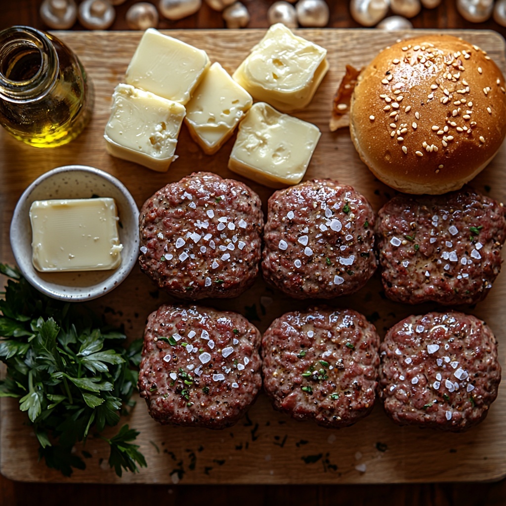 Mushroom Swiss Burger ingredients arranged neatly on a clean, light wooden surface: thickly sliced golden-yellow caramelized onions in a small ceramic bowl, raw 80/20 ground beef formed into four raw patties seasoned with coarse salt and freshly cracked black pepper, thinly sliced white and light brown button and baby bella mushrooms scattered artfully, peeled and finely minced fresh garlic cloves displayed in a tiny glass dish, four square slices of creamy Swiss cheese stacked slightly overlapping, a small rustic bowl filled with rich dark brown beef stock, a vintage butter knife next to a small pat of unsalted butter on a white porcelain dish, four golden toasted hamburger buns with soft light texture, freshly chopped bright green parsley leaves sprinkled nearby, and a small glass bottle of golden olive or avocado oil with a subtle shine. Soft natural daylight casting gentle shadows, textures emphasized to highlight the contrast between the smooth cheese, tender meat, delicate mushrooms, and rustic buns. Minimalistic styling with neutral linen napkin folded in the corner, hint of coarse salt crystals and peppercorns scattered around for added visual interest. The composition balanced and harmonious, inviting and fresh, emphasizing earthy tones of brown, green, cream, and golden yellow. overhead shot, top down view, flat lay photography, professional food styling --ar 1:1 --q 2 --s 750 --v 6.1