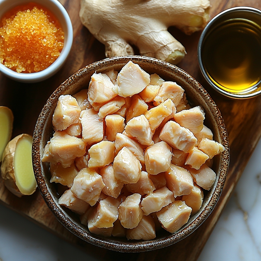 boneless skinless chicken breasts diced into bite-sized pieces arranged in a small rustic ceramic bowl, fresh whole garlic cloves and minced garlic displayed on a wooden cutting board, a clear glass bowl of low-sodium soy sauce showing deep amber color, a small white bowl filled with vibrant freshly squeezed orange juice, a mound of rich dark brown sugar on a natural linen cloth, fresh ginger root alongside finely grated ginger on a textured ceramic plate, a small metal cup with golden cooking oil catching light, all ingredients spaced evenly on a clean white marble surface with soft natural daylight highlighting the varied textures and warm orange, brown, and creamy tones, subtle shadows adding depth, minimalistic props emphasizing freshness and simplicity, overhead shot, top down view, flat lay photography, professional food styling --ar 1:1 --q 2 --s 750 --v 6.1