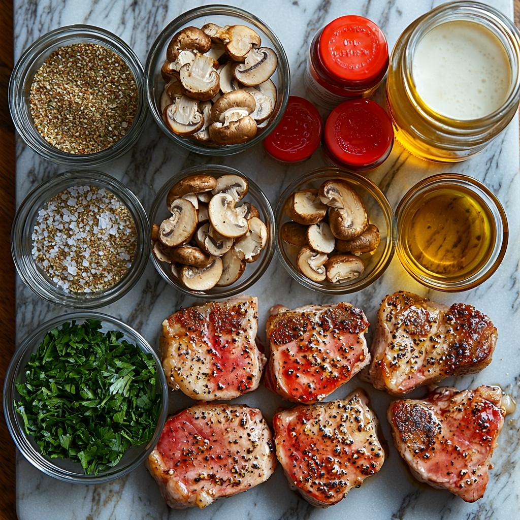 4 bone-in pork chops with a light seasoned salt and dried thyme rub visible on the surface, arranged neatly in a semicircle; small glass bowls containing Lawry’s seasoned salt, dried thyme, granulated garlic powder, paprika, and freshly ground black pepper, each with distinct textures and vibrant earth tones; a small bowl of rich golden olive oil with a slight sheen; a clear glass measuring cup with amber dry sherry; a pile of fresh cremini mushrooms sliced to show their creamy beige interiors and velvety brown caps; a small bowl of dark Worcestershire sauce glistening under the light; an unopened vintage-style condensed cream of mushroom soup can with muted beige label; a half cup clear glass measuring cup filled with creamy half-and-half, showing its smooth pale color; fresh bright green chopped parsley scattered lightly around for color contrast; all ingredients meticulously arranged on a clean white marble surface with subtle natural veining to add elegance, soft natural daylight illumination creating gentle shadows and enhancing textures, minimalistic and modern styling, some rustic linen napkin folded nearby for warmth, overhead shot, top down view, flat lay photography, professional food styling --ar 1:1 --q 2 --s 750 --v 6.1