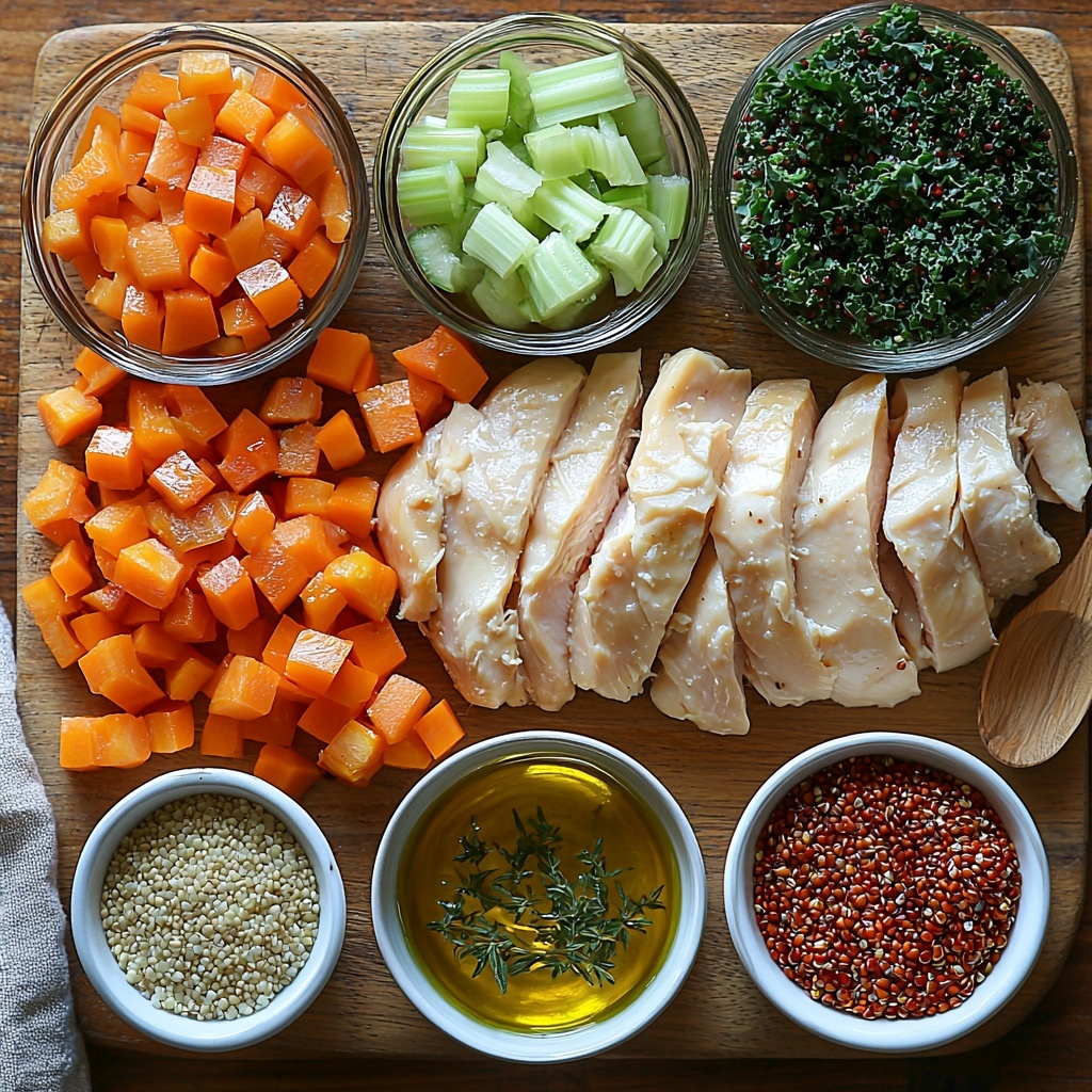 A clean, light wooden surface neatly arranged with the main ingredients for nourishing chicken quinoa soup: a small glass bowl of golden olive oil glistening under soft light; four large garlic cloves, peeled and minced, scattered beside a medium diced yellow onion with its layers visible; a small heap of dried thyme sprigs adding a muted green touch; bright orange chopped carrots and fresh, crisp pale green chopped celery stalks placed in separate piles; two uncooked chicken breasts with smooth pale pink skin resting on a white ceramic plate; an opened can of diced tomatoes with vibrant red chunks and juice shimmering inside; a small dollop of thick, deep red tomato paste on a white spoon; a tiny glass bowl of reddish-brown red wine vinegar nearby; a clear bowl filled with fluffy, pale beige uncooked quinoa grains; a large measuring cup filled with rich, golden-colored chicken broth; three packed cups of deep green, torn kale leaves with textures ranging from curly to smooth; and small white dishes with coarse salt and cracked black pepper. The ingredients are spaced evenly with subtle shadows and natural light highlighting their fresh colors and varied textures, styled with minimal rustic props such as a wooden spoon and linen napkin for an inviting, wholesome feel. Overhead shot, top down view, flat lay photography, professional food styling --ar 1:1 --q 2 --s 750 --v 6.1