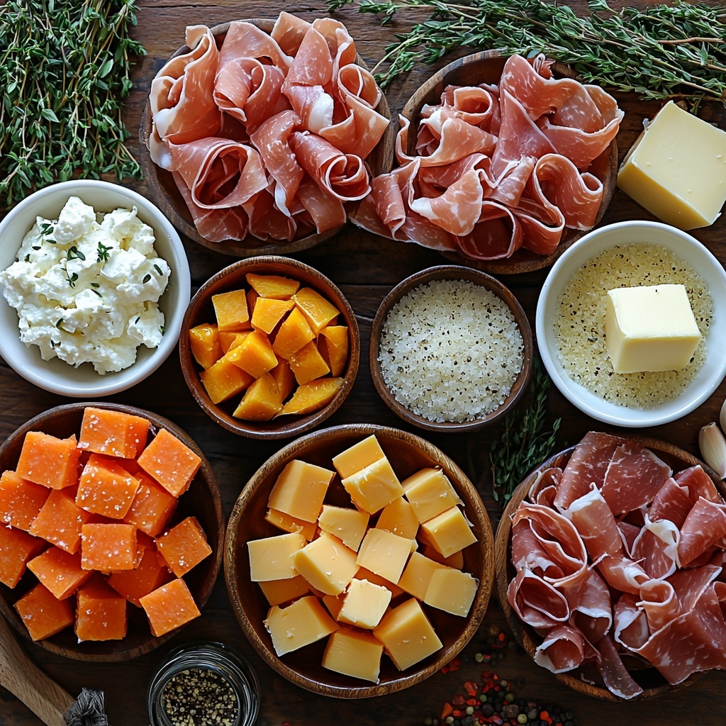 Butternut squash cubes in a small wooden bowl, several whole garlic cloves scattered nearby, fresh green thyme sprigs and chopped rosemary arranged neatly in small white ceramic dishes, a small pile of crushed red pepper flakes on a rustic spoon, coarse kosher salt and cracked black peppercorns in tiny glass bowls, 8 thin slices of prosciutto delicately folded on crumpled parchment paper, a dollop of creamy white ricotta cheese in a shallow ceramic bowl, uncooked long and short pasta strands fanned out on the side, a small block of salted butter with a fresh chopped sage sprig on top, shredded golden gouda cheese and finely grated parmesan cheese in separate small bowls. All ingredients are arranged with breathing space on a clean, light wooden surface with soft natural lighting highlighting the warm orange and earthy tones of the squash, the pale creaminess of the cheeses, the deep pink of prosciutto, and the vibrant green herbs. Textures range from smooth butter and ricotta, to rough cheese shreds, to the wrinkled prosciutto and matte squash cubes, styled with minimal rustic props like linen napkins and wooden spoons to create an inviting, fresh cooking mood. Overhead shot, top down view, flat lay photography, professional food styling --ar 1:1 --q 2 --s 750 --v 6.1