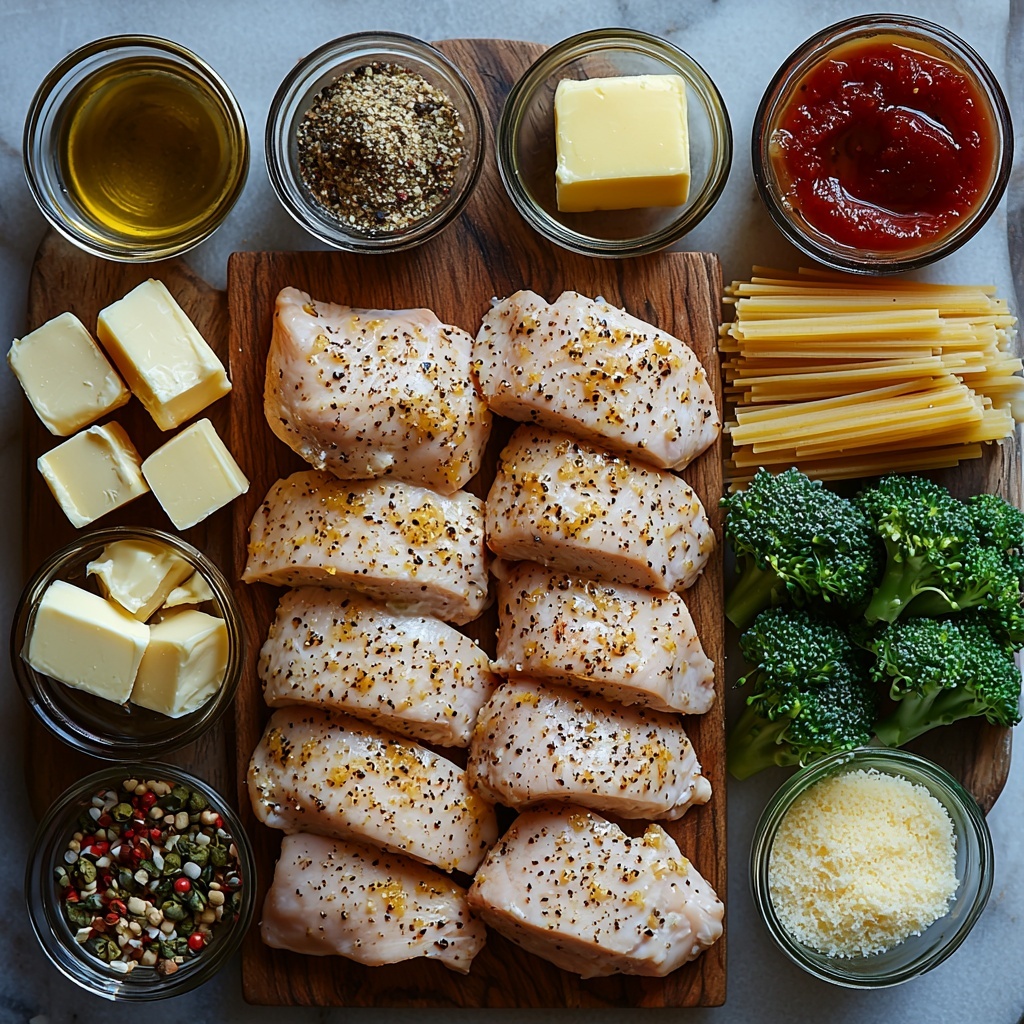 A clean white marble surface with all ingredients for chicken and broccoli pasta artfully arranged for flat lay photography: a large boneless skinless chicken breast seasoned with visible lemon pepper flakes on a small rustic wooden board; small bowls of lemon pepper seasoning, Italian seasonings, mustard powder, and a pinch of red pepper flakes arranged neatly; two tablespoons of golden olive oil in a clear glass dish; three cloves of fresh garlic with papery skins intact; a small glass measuring cup with dry white wine, another with chicken broth; a few tablespoons of creamy butter on a vintage butter knife; a wooden spoon resting near a small mound of pale flour; a glass jar half-filled with smooth half and half cream; a small bowl with bright green broccoli florets; freshly grated Parmesan and Asiago cheeses in two rustic ceramic bowls showing their crumbly textures; uncooked pale yellow penne pasta scattered loosely in a small glass bowl; a lemon wedge with vibrant yellow flesh partially squeezed; and a small clear bowl of deep red hot sauce. The ingredients are spaced evenly with natural soft daylight casting subtle shadows, emphasizing fresh textures and vibrant colors. The composition feels balanced, harmonious, and inviting, styled professionally to highlight the rustic and fresh nature of the dish. overhead shot, top down view, flat lay photography, professional food styling --ar 1:1 --q 2 --s 750 --v 6.1