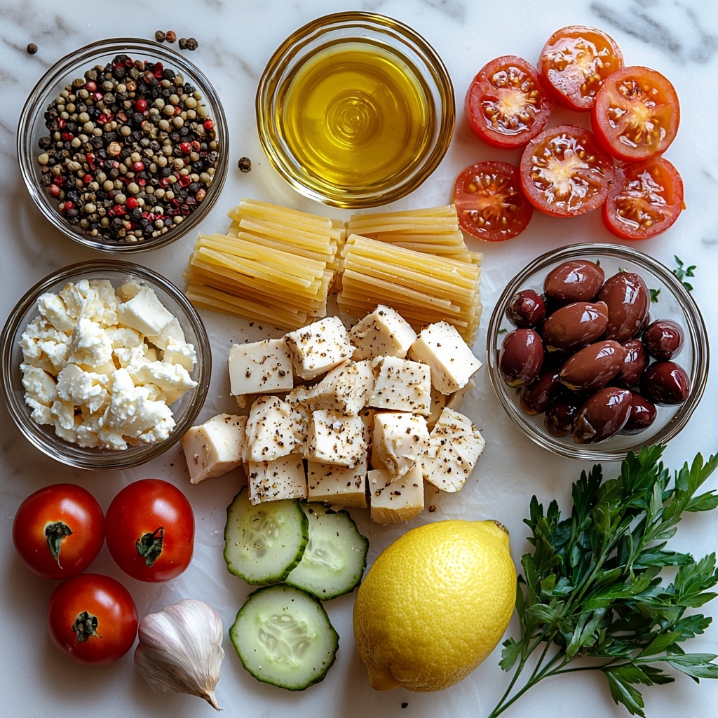 A clean white marble surface with all the main ingredients for Greek Chicken Pasta Salad carefully arranged: a whole ripe lemon, three garlic cloves (two whole, one minced displayed in a small glass bowl), a small dish of golden olive oil, a rustic heap of dried oregano, a tiny wooden spoon with coarse salt and a small pile of freshly cracked black pepper; two raw boneless, skinless chicken thighs placed on a piece of parchment; a small nest of uncooked 8 oz. pasta (any shape) spilling slightly; half a bright green cucumber diced neatly in a clear glass bowl; one glossy bell pepper in vibrant red; a small bowl with dark purple Kalamata olives, some sliced and some whole; a cluster of deep red grape tomatoes halved to reveal juicy interiors; a bunch of fresh parsley with leaves roughly chopped beside some whole stems; crumbled chunks of creamy white feta scattered on a white ceramic plate; a small ramekin holding vivid yellow lemon zest; all ingredients spaced evenly with natural daylight highlighting the varied textures—the smooth lemon, rough oregano, tender chicken, glistening olive oil, and crisp vegetables. Subtle shadows and a few fresh parsley leaves scattered around add depth and freshness. Overhead shot, top down view, flat lay photography, professional food styling --ar 1:1 --q 2 --s 750 --v 6.1