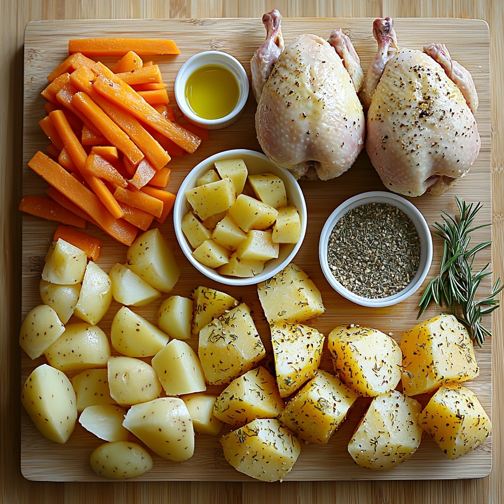 A clean, light wooden surface laid out with fresh ingredients for a rustic Cornish hen roast: two whole Cornish hens with pale, smooth skin, arranged side by side; a small pile of diced golden-yellow potatoes with a slightly rough texture; two vibrant orange carrots cut into thick chunks; a large onion separated into crisp white wedges with translucent layers; three small bowls containing golden olive oil, coarse kosher salt, and a mix of dried herbs featuring crushed rosemary, thyme, garlic powder, lemon zest, and black pepper, each with distinct colors and textures; sprigs of fresh rosemary scattered lightly for color contrast; soft natural lighting highlighting the earthy tones and subtle sheen on the olive oil; minimal shadows; ingredients spaced evenly with a balanced and inviting composition to emphasize freshness and simplicity. overhead shot, top down view, flat lay photography, professional food styling --ar 1:1 --q 2 --s 750 --v 6.1