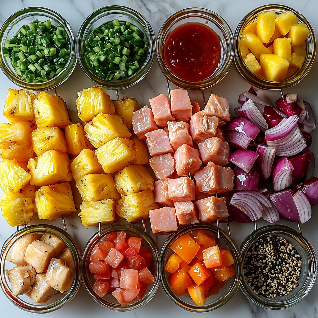 Hawaiian Chicken Kebabs ingredients flat lay on a clean white marble surface: vibrant cubed boneless, skinless chicken breast in pale pink, fresh bright yellow cubed pineapple, large diced green bell peppers with rich green hues, bold red onion chunks showing purple and white layers; small glass bowls containing glossy dark brown sugar, thick bright red ketchup, deep amber low-sodium soy sauce, pale golden pineapple juice; a small dish with minced pale yellow ginger and minced fresh garlic cloves, a drizzle bottle of golden olive oil, a tiny bowl of dark amber sesame oil, scattered coarse salt crystals and freshly cracked black peppercorns; natural wooden skewers laid diagonally on the side to balance composition. Soft natural light highlighting the contrasting textures—the silky marinade ingredients, juicy fruit and crisp vegetables—arranged neatly with spacing for a clean, organized, inviting look. Overhead shot, top down view, flat lay photography, professional food styling --ar 1:1 --q 2 --s 750 --v 6.1
