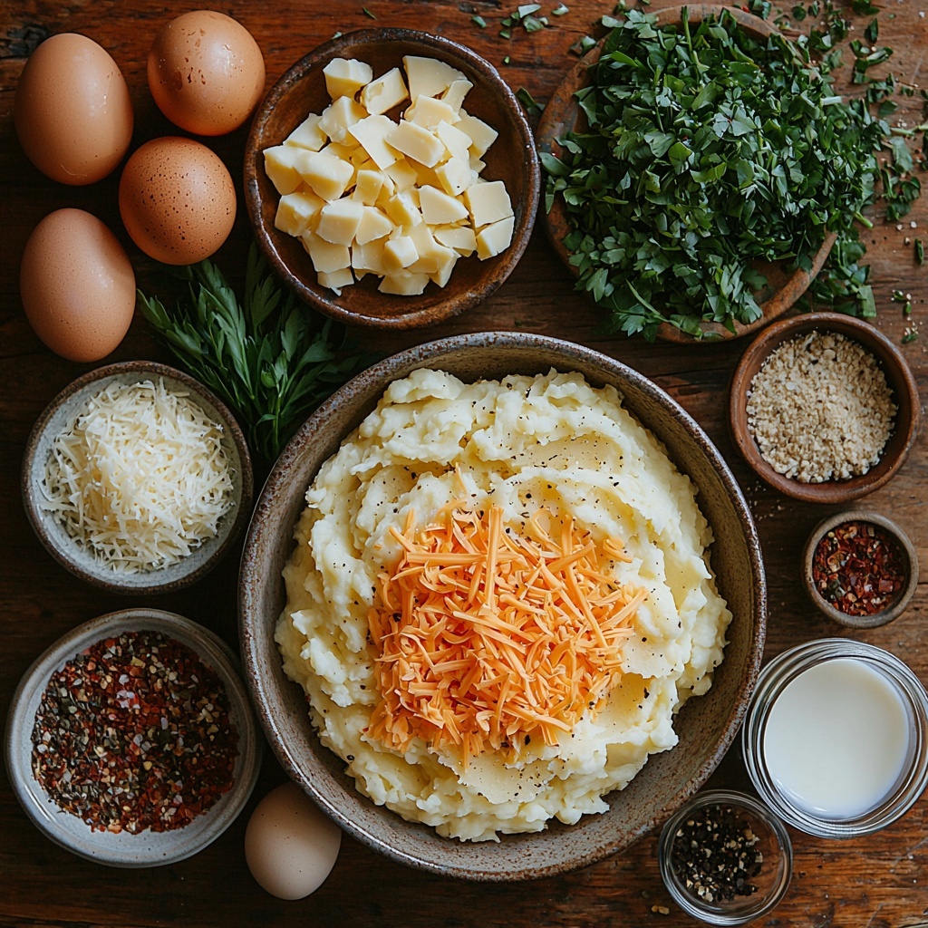 A clean, bright wooden surface featuring a flat lay arrangement of ingredients for cheesy mashed potato puffs: a rustic bowl of creamy mashed potatoes with smooth texture, a small mound of sharp shredded cheddar cheese vibrant orange in color, a tiny bowl of finely grated Parmesan cheese in pale ivory, two whole large eggs with glossy shells, a small glass measuring cup with creamy white milk, a bunch of fresh green onions sliced with varying shades of bright green, a small bowl of crispy golden-brown bacon bits, a scattering of mixed chopped fresh herbs—parsley, thyme, and chives—in rich green tones, a small dish containing paprika or cayenne pepper in deep red powder, and a pinch bowl with coarse sea salt and black peppercorns. The ingredients are spaced evenly to create visual balance with natural soft shadows, enhanced by warm natural light to highlight the textures and colors, styled with minimal props and clean lines to evoke freshness and homemade comfort. Overhead shot, top down view, flat lay photography, professional food styling --ar 1:1 --q 2 --s 750 --v 6.1