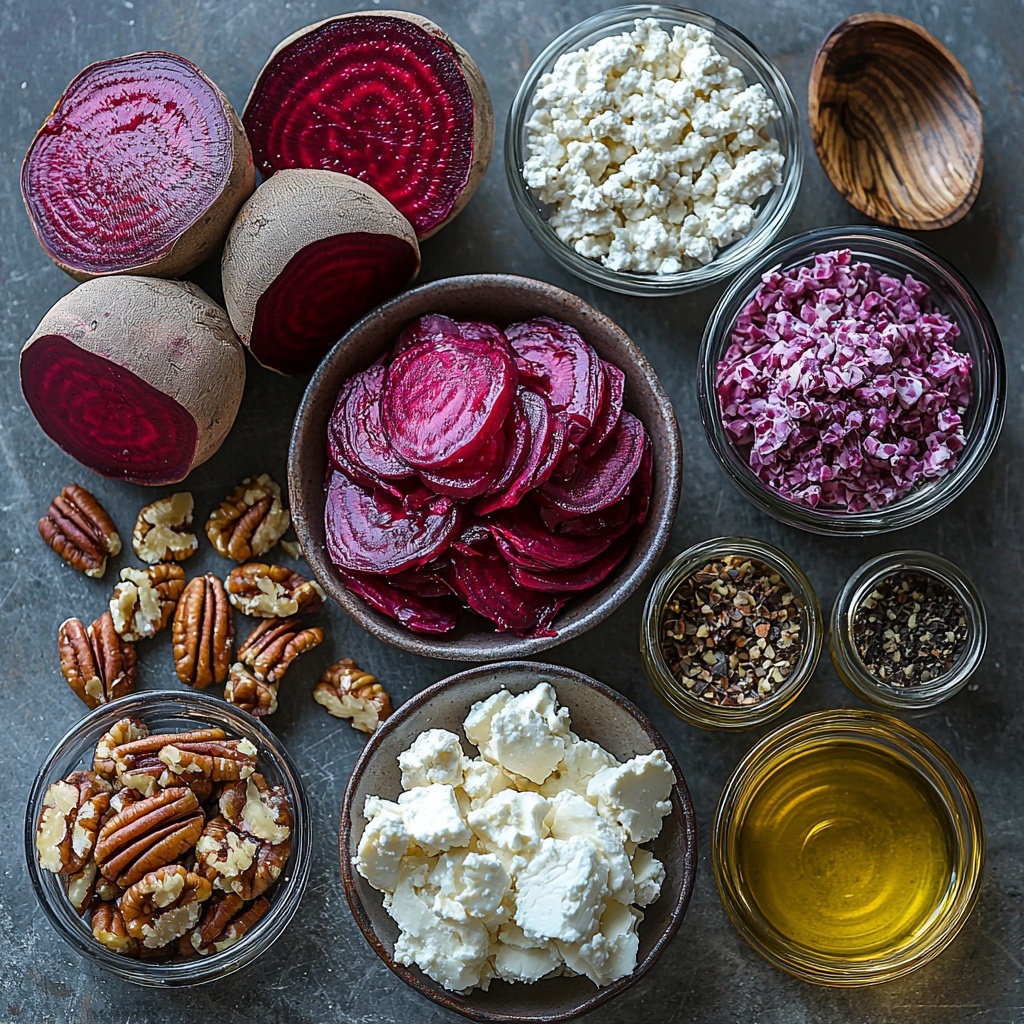 Roasted beet noodles ingredients flat lay: two medium-sized raw beets, deep red and earthy, one whole beet sliced to reveal vibrant magenta interior, a small bowl with 1/4 cup crumbled goat cheese, soft and creamy white texture, a small bowl with 1/4 cup whole pecans, rich brown with rough, textured shells; dressing components arranged in small glass bowls or spoons: golden honey with thick viscosity, smooth golden olive oil, deep red wine vinegar with glossy surface, a small bowl of minced shallots finely chopped, pale purple and delicate, a small dish containing Dijon mustard, smooth pale yellow, salt and pepper scattered elegantly in small piles. All ingredients arranged neatly on a clean, light marble surface with natural soft daylight highlighting the rich colors and varied textures. Minimal rustic props to enhance freshness, gentle shadows, negative space for balance. Overhead shot, top down view, flat lay photography, professional food styling --ar 1:1 --q 2 --s 750 --v 6.1