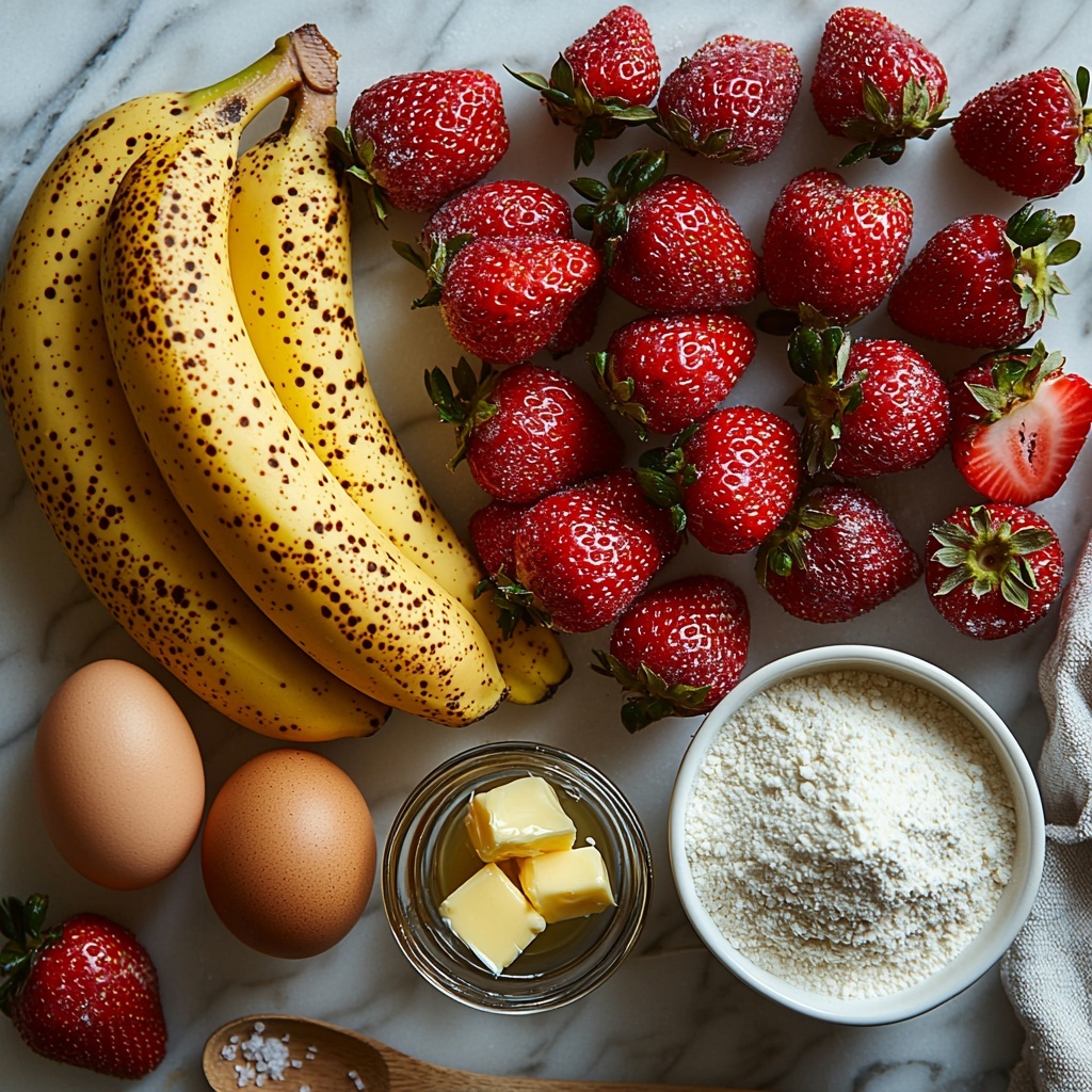 3 ripe bananas with smooth yellow skin, a small white bowl of fresh bright red chopped strawberries with visible seeds, a neat pile of light beige all-purpose flour, a small heap of fine white granulated sugar, two large brown eggs with smooth shells, a glass measuring cup filled with golden melted butter glistening in the light, a small glass vial of clear vanilla extract, a wooden spoon holding fine white baking soda powder, a tiny ceramic dish with fine white salt crystals, all carefully arranged on a clean white marble surface with soft natural light creating gentle shadows, minimalistic styling with subtle hints of green strawberry leaves and a light linen napkin nearby for texture contrast, overhead shot, top down view, flat lay photography, professional food styling --ar 1:1 --q 2 --s 750 --v 6.1