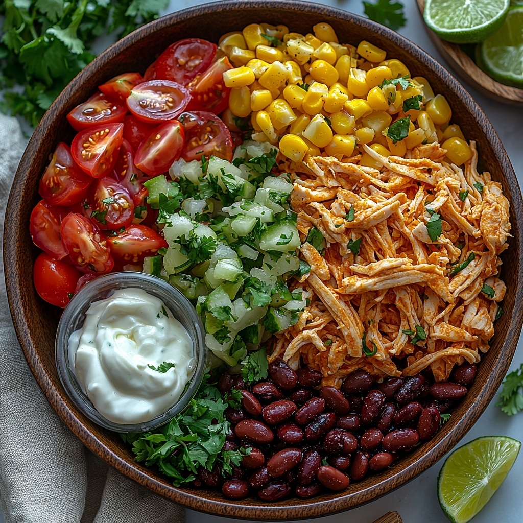 6 cups shredded cooked chicken breast, 1 can black beans rinsed and drained, 1 can corn drained, 1 ½ cups chopped ripe red tomatoes, 1 cup shredded sharp cheddar cheese, ½ small red onion finely chopped, 1 small jalapeno finely chopped, ⅓ cup fresh green cilantro leaves, ¾ cup creamy mayo or Greek yogurt in a small white bowl, ¼ cup fresh lime juice in a small glass bowl, 2 tablespoons brownish-orange taco seasoning in a small dish, 1 tablespoon golden honey in a tiny dish, sprinkle of salt and pepper crystals scattered lightly; all ingredients beautifully arranged on a smooth, clean white marble surface with natural daylight highlighting vivid colors and varied textures — vibrant reds, deep blacks, bright yellows, fresh greens, and creamy whites creating contrast; small wooden spoons resting near seasoning and honey; chopped ingredients neatly grouped, shredded chicken fanned out gently, beans and corn forming neat piles, herbs adding freshness, lime wedges placed for color pop, subtle shadows adding depth; styled with minimal props—linen napkin folded casually at the edge, slight rustic touch with a wooden bowl; overhead shot, top down view, flat lay photography, professional food styling --ar 1:1 --q 2 --s 750 --v 6.1