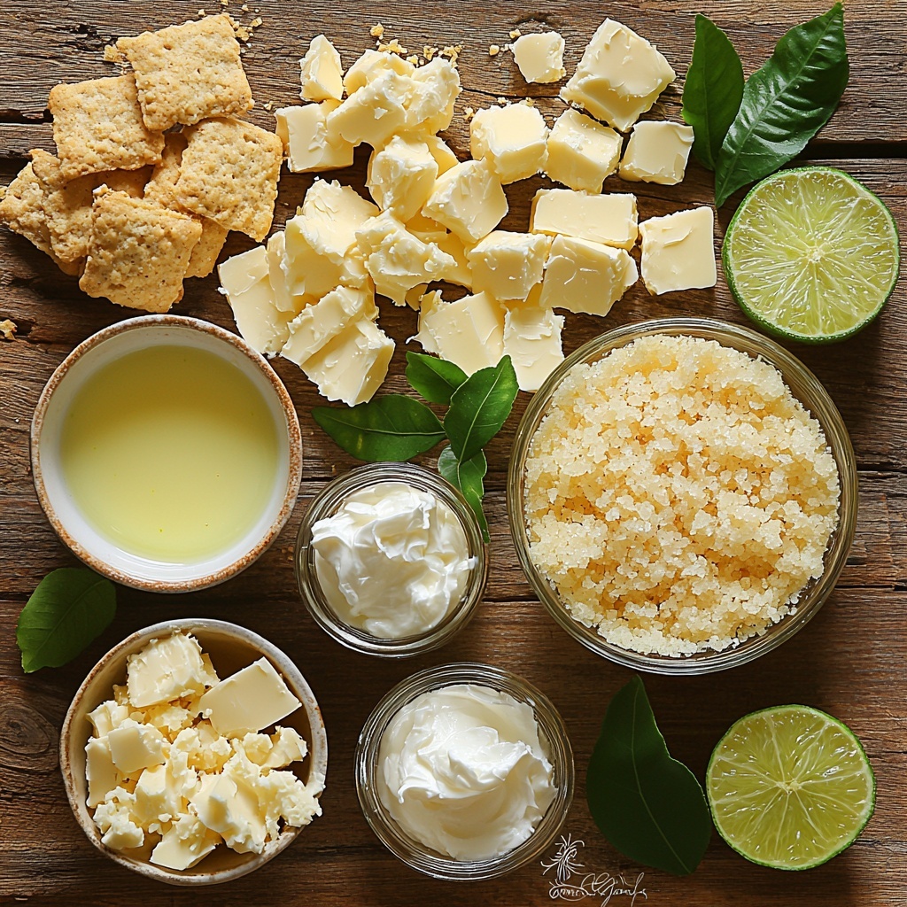 /Imagine a clean, light wooden surface arranged with the main ingredients for an Easy Key Lime Pie: a small glass bowl filled with fine golden graham cracker crumbs made from about 12 crushed crackers, a small white ceramic dish holding sparkling white granulated sugar, a clear measuring cup with golden melted butter shimmering under soft light, two vintage-style 14-ounce cans of sweetened condensed milk with their glossy white labels visible, a small transparent bowl showcasing vibrant pale green key lime juice, a rustic bowl of smooth, creamy white sour cream, and a small white ramekin containing bright green freshly grated lime zest with textured curls. Soft natural lighting highlights the contrasting textures — the dry crumbly crumbs, the glossy liquid butter, the silky condensed milk, and the zesty lime strands. The ingredients are spaced evenly in a pleasing, balanced composition, with subtle shadows adding depth and warmth. Extra styling elements include a sprig of fresh green lime leaves lying nearby to evoke freshness, and a textured linen napkin folded casually to the side, enhancing the natural, approachable vibe. The overall tone is bright, airy, and inviting, perfect for a professional food flat lay. overhead shot, top down view, flat lay photography, professional food styling --ar 1:1 --q 2 --s 750 --v 6.1