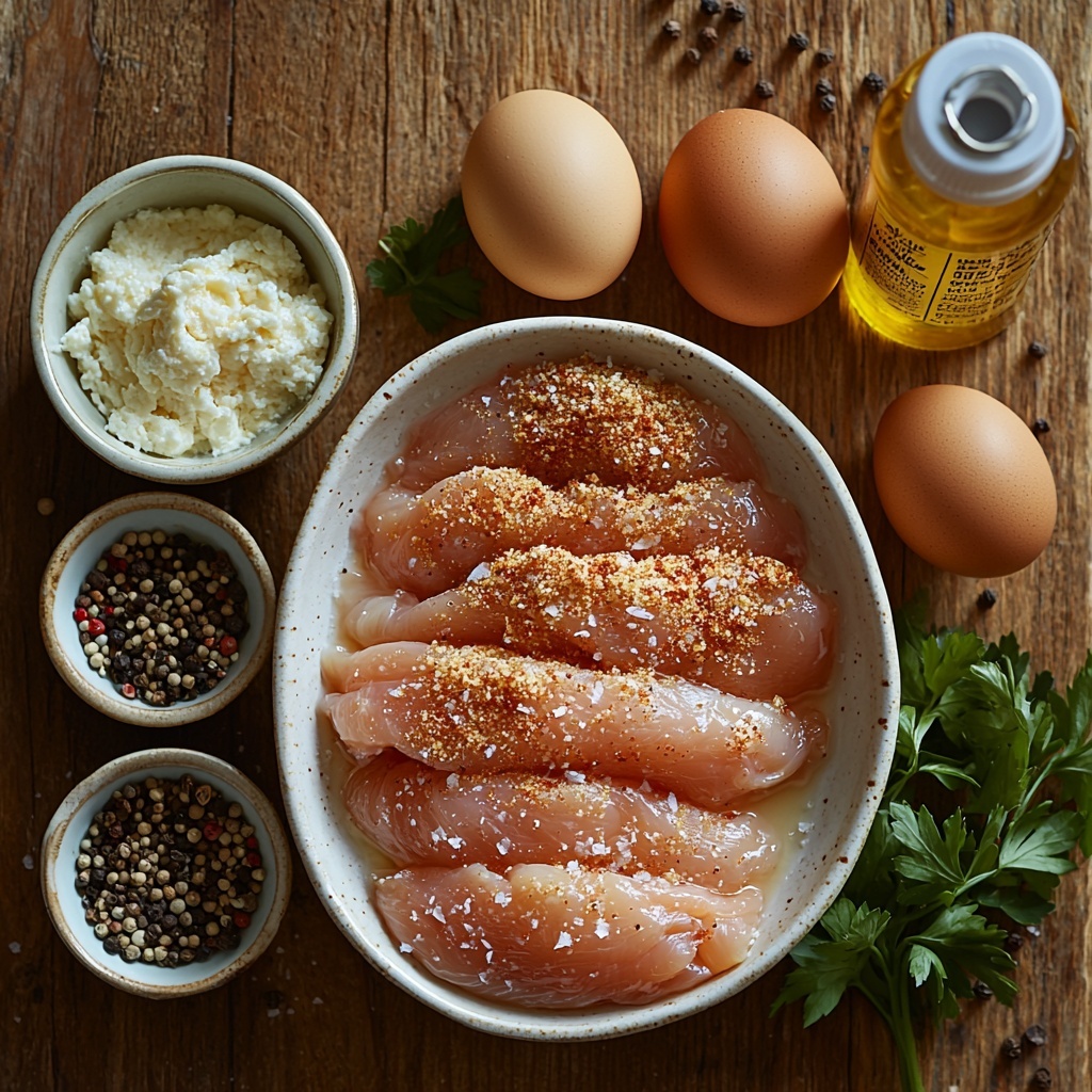 Chicken tenders raw, pale pink and plump, arranged in a neat row; small white ceramic bowl filled with fine, all-purpose flour, soft and powdery texture; second bowl with two large eggs beaten with creamy milk, smooth and glossy yellow mixture; third bowl holding golden breadcrumbs mixed with specks of paprika, garlic powder, salt, and black pepper for a textured, speckled appearance; fresh ground black peppercorns scattered subtly near the bowls; teaspoon spoons displaying the garlic powder and paprika with their vibrant orange-red and off-white hues; small spray bottle of cooking spray with subtle metallic sheen; ingredients artfully spaced on a clean, light wooden surface with soft natural lighting that highlights textures and colors, gentle shadows for depth, styled with minimal rustic linen napkin and a sprig of fresh parsley for a splash of green; overhead shot, top down view, flat lay photography, professional food styling --ar 1:1 --q 2 --s 750 --v 6.1