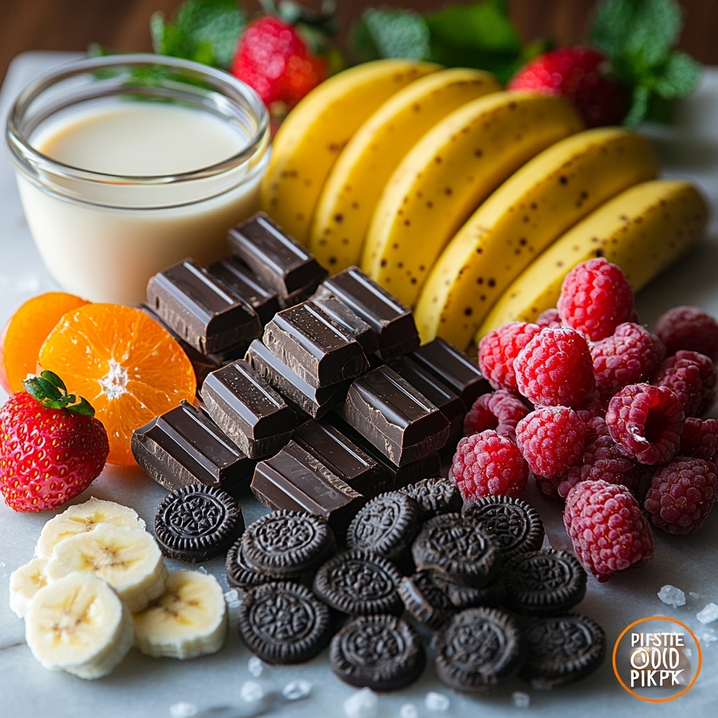 6 ounces chopped semi-sweet chocolate pieces dark brown, 4 ounces chopped milk chocolate light brown chunks, small glass bowl of whole milk creamy white, 1½ tablespoons unsalted butter pale yellow, small dish with vanilla extract amber liquid, tiny bowl of fine salt white, small pile of flaky sea salt crystals bright white, fresh fruit assortment including ripe bananas yellow slices, whole and halved strawberries vibrant red with green leaves, plump raspberries deep red, glossy blackberries dark purple-black, peeled clementine segments bright orange; an assortment of cookies arranged nearby including black and white Oreos, rolled Pirouette cookies light brown with dark chocolate stripes, rectangular Milanos golden brown; all ingredients spaced evenly and artistically on a clean white marble surface with soft natural light casting gentle shadows, emphasizing textures—from smooth chocolate chunks to delicate fruit skin and crumbly cookies—styled with subtle sprigs of fresh mint and minimal rustic props to enhance warmth and inviting mood, slight reflection on milk bowl for freshness, overall color palette warm and rich with vibrant pops, overhead shot, top down view, flat lay photography, professional food styling --ar 1:1 --q 2 --s 750 --v 6.1