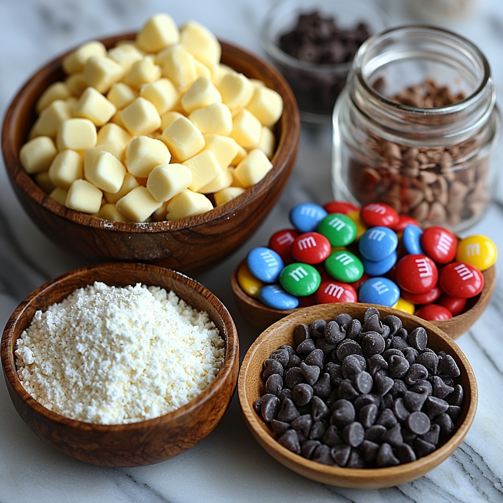 butter (softened, creamy pale yellow), light brown sugar (moist, rich golden brown, packed in a small wooden bowl), granulated sugar (sparkling white crystals in a glass jar), large egg (smooth white shell), vanilla extract (small amber glass bottle with dark liquid), all-purpose flour (powdery white flour in a linen-lined bowl), baking soda (fine white powder in a tiny ceramic dish), salt (coarse white crystals scattered lightly), M&M’s (colorful, glossy red, green, yellow, blue, and orange candy pieces in a small white bowl with a few scattered around), semi-sweet chocolate chips (shiny dark brown, nestled in a clear glass bowl), all ingredients neatly arranged on a clean white marble surface with natural soft daylight, subtle shadows adding depth, warm cozy holiday vibe, minimal props like a wooden spoon and linen napkin for texture contrast, overhead shot, top down view, flat lay photography, professional food styling --ar 1:1 --q 2 --s 750 --v 6.1