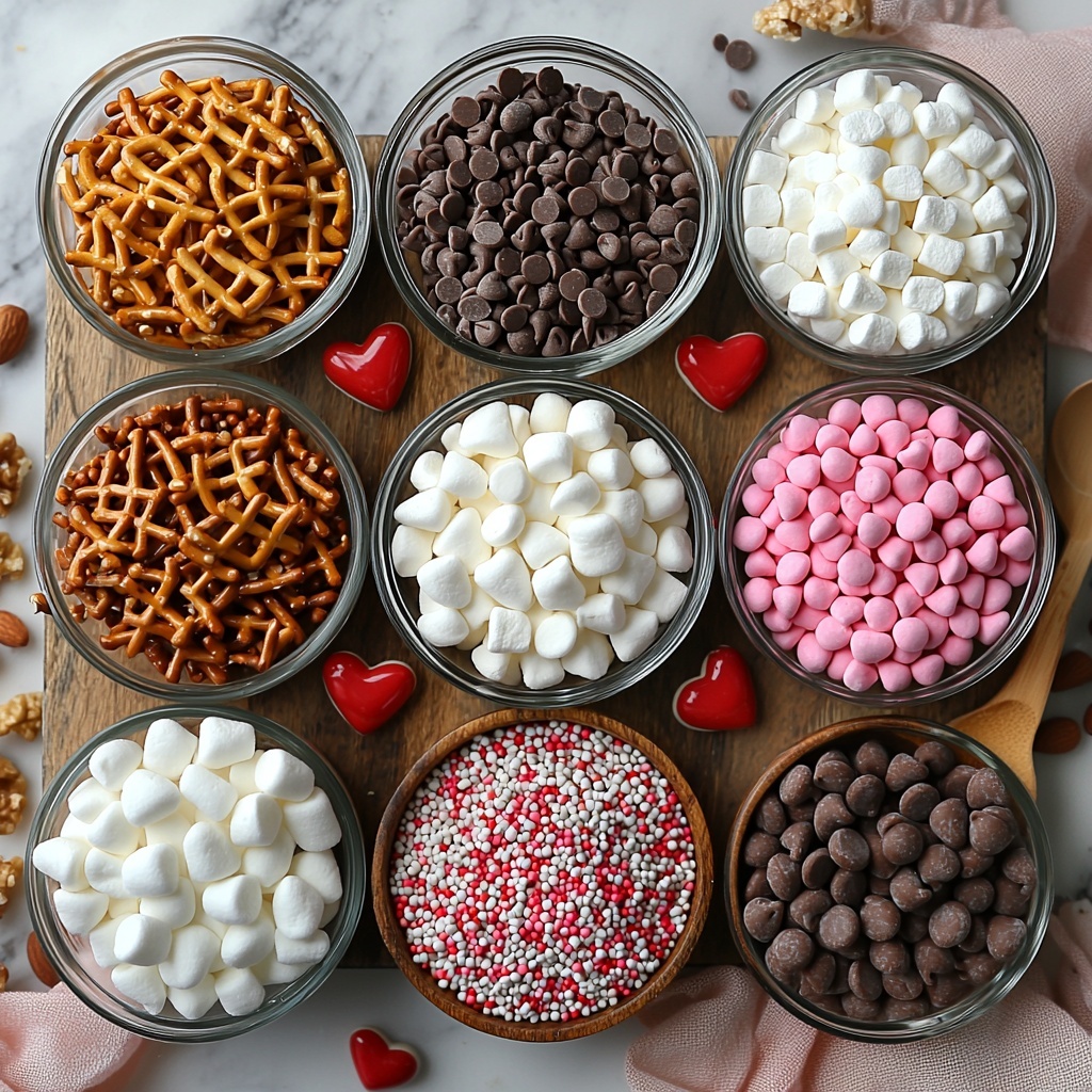 white chocolate chips and semi-sweet chocolate chips in separate clear glass bowls, a small wooden bowl filled with crushed pretzels showing their golden, crunchy texture, scattered mini marshmallows in soft white tones, a small ceramic dish filled with vibrant red and pink heart-shaped sprinkles, another dish holding red and pink M&M’s with glossy colorful shells, a delicate pile of chopped nuts with rough texture on a rustic wooden surface, a tiny vintage spoon with a pinch of coarse sea salt crystals sparkling under soft light; all ingredients neatly arranged on a clean white marble countertop with subtle natural light highlighting textures and colors, minimal shadows, soft pastel props like pink linen napkins and a few small heart-shaped decorations placed gently around for a romantic, warm Valentine’s Day vibe overhead shot, top down view, flat lay photography, professional food styling --ar 1:1 --q 2 --s 750 --v 6.1