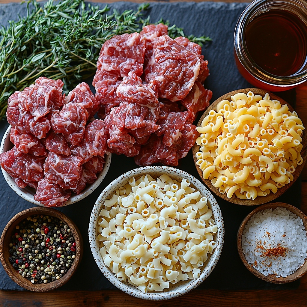 A flat lay of the main ingredients for homemade hamburger helper artfully arranged on a clean, light wooden surface. A raw pound of lean ground beef placed neatly in a small ceramic dish, showcasing its rich red color and marbled texture. Next to it, half a medium onion finely chopped in a small white bowl, its pale purple and white layers visible. A small spoonful of deep red, thick tomato paste in a glass ramekin, glistening under soft light. Sprinkled nearby, small piles of garlic powder and chili powder – fine, warm beige and rusty red powders on a stylish black slate tile. A rustic measuring cup filled with amber beef broth reflecting ambient light. A small heap of uncooked elbow macaroni, pale yellow and smooth, carefully fanned out on a rustic linen napkin. A vintage metal grater beside a mound of freshly grated sharp cheddar cheese, bright orange with fluffy texture catching shadows. Salt and cracked black peppercorns displayed in tiny clear glass bowls, adding contrasting specks of white and black. The composition is balanced, colors vibrant, textures crisp with a soft natural light creating gentle shadows. Overhead shot, top down view, flat lay photography, professional food styling --ar 1:1 --q 2 --s 750 --v 6.1