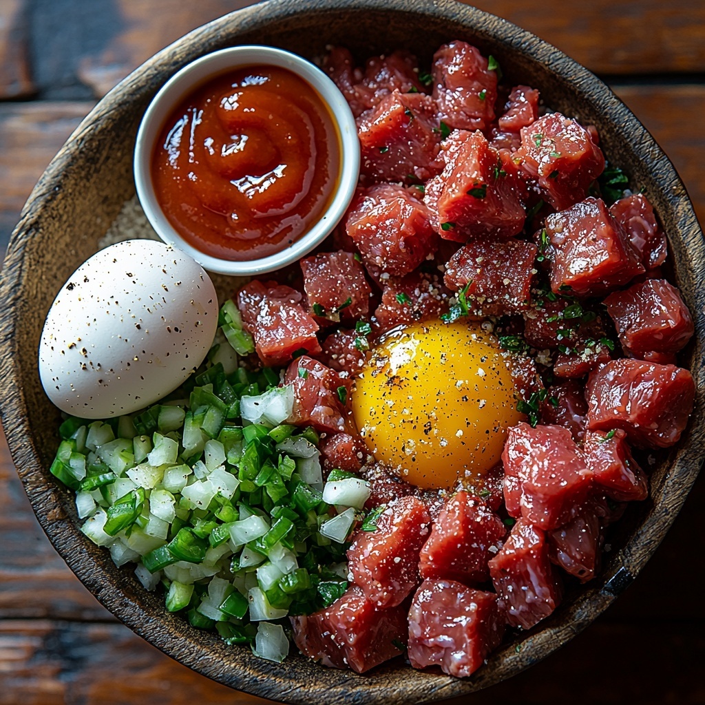 Italian seasoned panko breadcrumbs in a small rustic bowl, finely diced yellow onion in a neat pile with translucent golden tones, finely diced green bell pepper showcasing bright fresh green cubes, a cracked large egg with glossy white and vibrant yellow yolk spilling on a clean white ceramic dish, a small glass bowl of rich reddish-brown BBQ sauce with a smooth texture, a tiny heap of Italian seasoning dried herbs exhibiting green and brown flecks, raw 85% lean ground beef shaped loosely in a mound with a deep red color and coarse texture, a small bowl of bright red ketchup with a shiny surface, a small dish of deep reddish-brown BBQ sauce glaze with a glossy finish, a tiny dollop of golden yellow Dijon mustard with smooth creamy texture; all ingredients carefully spaced and arranged on a clean white wooden surface with soft natural lighting highlighting the vibrant colors and varied textures, styled with fresh herbs subtly placed as accents, minimal shadows, crisp focus, overhead shot, top down view, flat lay photography, professional food styling --ar 1:1 --q 2 --s 750 --v 6.1