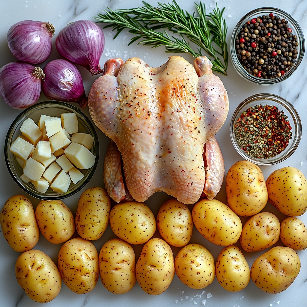 a flat lay of all ingredients for a perfect roast chicken and veggies recipe arranged neatly on a clean white marble surface: a whole raw 5-pound chicken with pale pink skin in the center, surrounded by 10 small baby potatoes with smooth golden skin, vibrant deep purple large red onion wedges, six peeled garlic cloves with a creamy white texture, a small bowl of coarse sea salt crystals, a small bowl with cracked black pepper, crushed fennel seeds, and crushed red pepper flakes creating warm earthy tones, a bunch of fresh thyme sprigs with bright green leaves, two small glass bowls of rich golden olive oil, and scattered pinches of sea salt; soft natural daylight illuminating gentle textures of raw poultry skin, rustic potato skins, and fresh herbs, shadows soft and inviting; composition balanced and harmonious with a sense of freshness and rustic elegance, minimalistic and clean, styled for professional food photography, overhead shot, top down view, flat lay photography, professional food styling --ar 1:1 --q 2 --s 750 --v 6.1