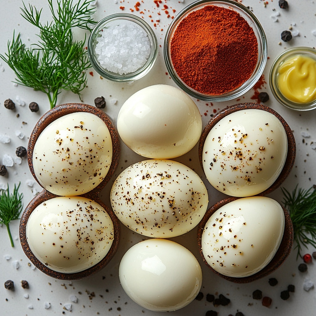 6 large whole eggs with smooth white shells, a small bowl of creamy off-white mayonnaise, a tiny glass dish of clear white vinegar, a small spoonful of bright yellow mustard, a sprinkling of fine white salt crystals, a dash of coarse black peppercorns scattered lightly, a small dish of deep red smoked paprika powder, a few delicate sprigs of fresh green dill weed; all carefully arranged on a clean, matte white surface with natural soft lighting creating gentle shadows and highlighting the contrasting textures—the smooth eggs, creamy mayo, fine powders, and fresh herbs—composition balanced with bowls and ingredients spaced evenly in a harmonious, inviting layout; overhead shot, top down view, flat lay photography, professional food styling --ar 1:1 --q 2 --s 750 --v 6.1