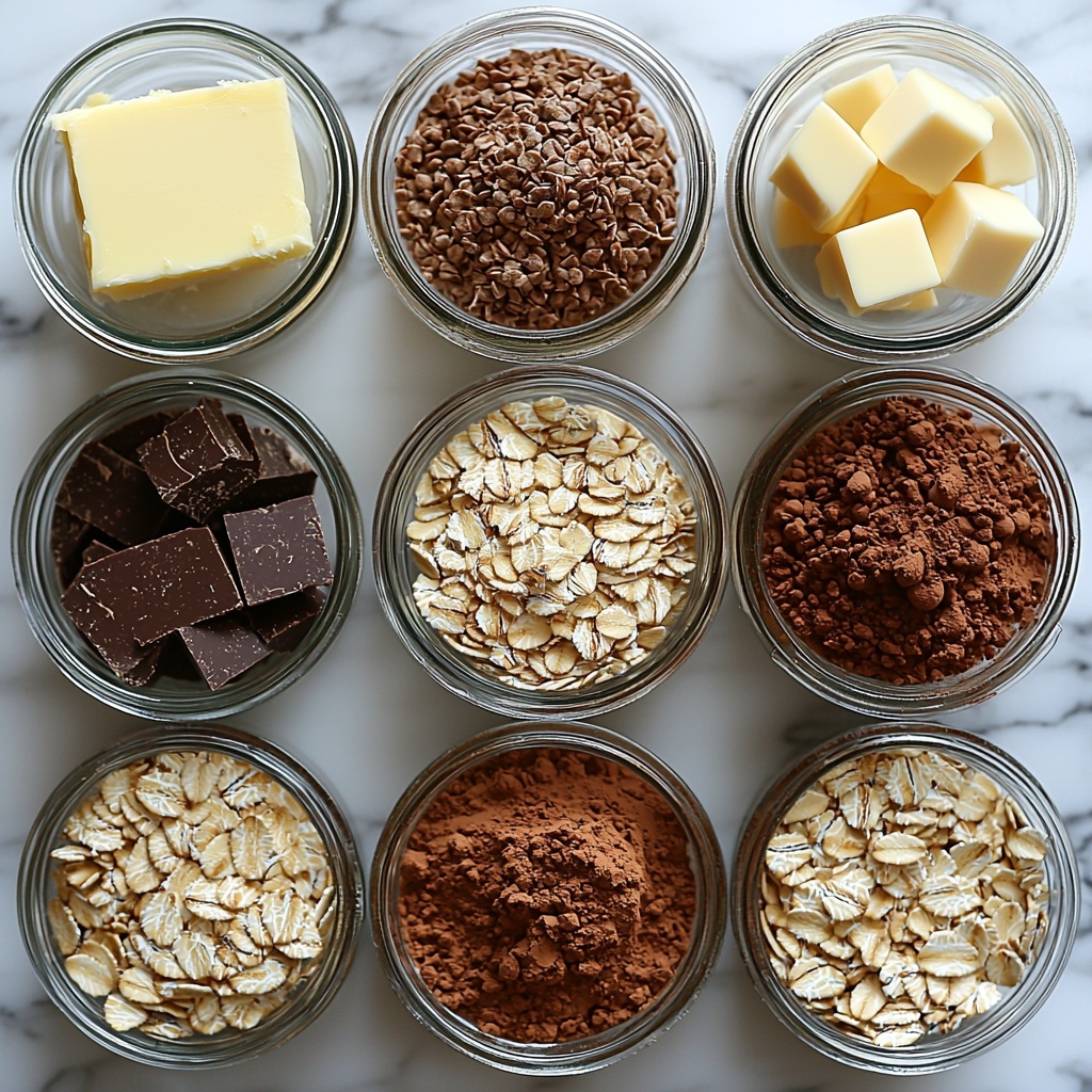 Butter, granulated sugar, whole milk, natural unsweetened cocoa powder, creamy peanut butter, pure vanilla extract in a small glass bowl, old-fashioned rolled oats, and a pinch of salt arranged neatly on a clean white marble surface. Ingredients are displayed in small glass jars and bowls with some oats scattered loosely, a wooden spoon resting beside the peanut butter bowl. The butter is cut into cubes on a small white plate, granulated sugar in a clear jar catching the soft natural light, the cocoa powder shown as a rich dark brown powder in a ceramic dish. Textures contrast beautifully: smooth butter, glossy peanut butter, fine sugar crystals, powdery cocoa, rustic oats. Warm, neutral tones with slight shadows creating depth, minimal props emphasizing natural ingredients, styled for an inviting and clean culinary atmosphere. Overhead shot, top down view, flat lay photography, professional food styling --ar 1:1 --q 2 --s 750 --v 6.1