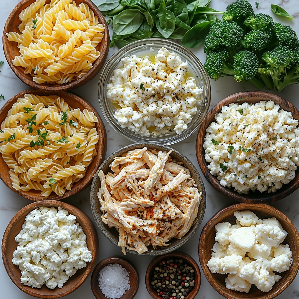 /shredded cooked chicken, cavatelli pasta, olive oil in a small glass bowl, minced garlic cloves, fresh bright green spinach leaves, small vibrant green broccoli florets, creamy low-fat cottage cheese in a rustic white bowl, fluffy steamed cauliflower rice in a wooden bowl, grated Parmesan cheese scattered in a small mound and more sprinkled, a chicken bouillon cube next to a small cup of golden chicken stock, whole black peppercorns and cracked black pepper sprinkled artistically, fresh parsley sprigs for garnish—all ingredients thoughtfully spaced on a clean white marble surface with soft natural light highlighting the varied textures of tender chicken, glossy pasta, leafy greens, and creamy cheeses—some bowls partially filled with ingredients, garlic cloves peeled and whole beside minced garlic, broccoli florets showing crisp freshness, Parmesan cheese with a slightly crumbly texture, gentle shadows creating depth—overhead shot, top down view, flat lay photography, professional food styling --ar 1:1 --q 2 --s 750 --v 6.1