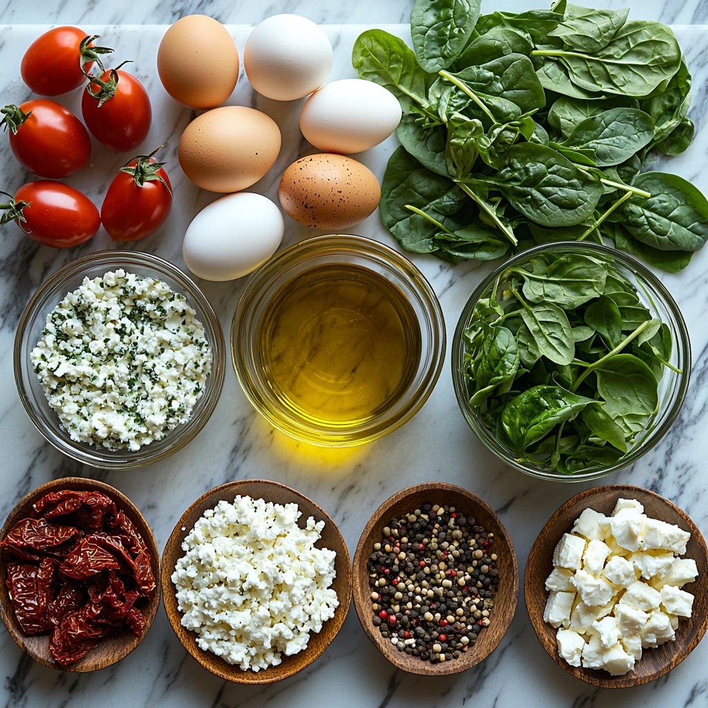 fresh spinach leaves rich dark green, loosely stacked with vibrant veined texture; small glass bowl of golden olive oil shimmering under light; minced shallot pale purple and finely chopped on a rustic wooden spoon; minced garlic cloves bright white, scattered delicately nearby; drained and chopped artichoke hearts creamy off-white with pale green hints, placed in a small ceramic bowl; chopped sun-dried tomatoes deep red with wrinkled texture, arranged in a small dish; eighteen large brown eggs, smooth shells grouped neatly; cottage cheese fluffy white in a clear glass bowl showing creamy curds; half cup of milk in a simple glass jug reflecting soft light; crumbled feta cheese pure white with crumbly texture in a small bowl; small piles of kosher salt crystals and freshly ground black peppercorns setting subtle contrast on the surface; fresh chopped parsley, basil, and chives vibrant green herbs scattered artistically for pop of color; all ingredients spaced evenly on a clean white marble surface with natural soft daylight highlighting vivid colors and textures; shadows soft and diffused; composition balanced and inviting, styled for clarity and freshness overhead shot, top down view, flat lay photography, professional food styling --ar 1:1 --q 2 --s 750 --v 6.1