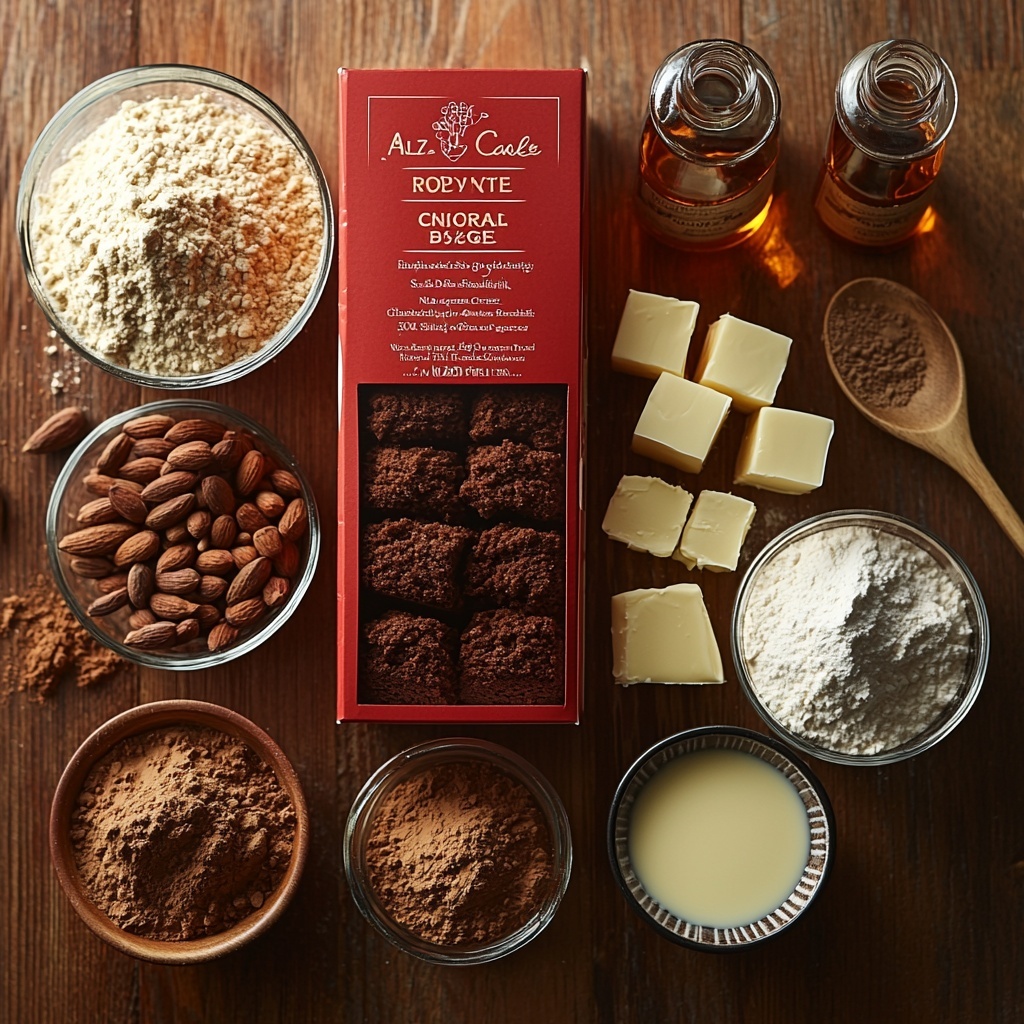 Red velvet cake mix in a bright red box, a small clear bowl of fine all-purpose flour, a packet of active dry yeast with visible granules, a glass measuring cup with warm water showing steam, a small bowl of packed brown sugar with rich golden-brown crystals, a teaspoon of ground cinnamon with warm reddish-brown powder, a small dish of melted butter with glossy texture, ingredients for icing including a bowl of fine white confectioners' sugar, a pat of soft pale yellow butter, a small bottle or vial of vanilla extract with amber liquid, and a measuring spoon with 2% milk droplets; all arranged neatly on a clean, light wooden surface with soft natural light enhancing the rich reds and warm browns, textures clearly visible—the delicate powder contrasted with smooth melted butter and crystalline sugars—spoons, rustic linen napkin folded casually beside the ingredients, subtle shadows adding depth; overhead shot, top down view, flat lay photography, professional food styling --ar 1:1 --q 2 --s 750 --v 6.1